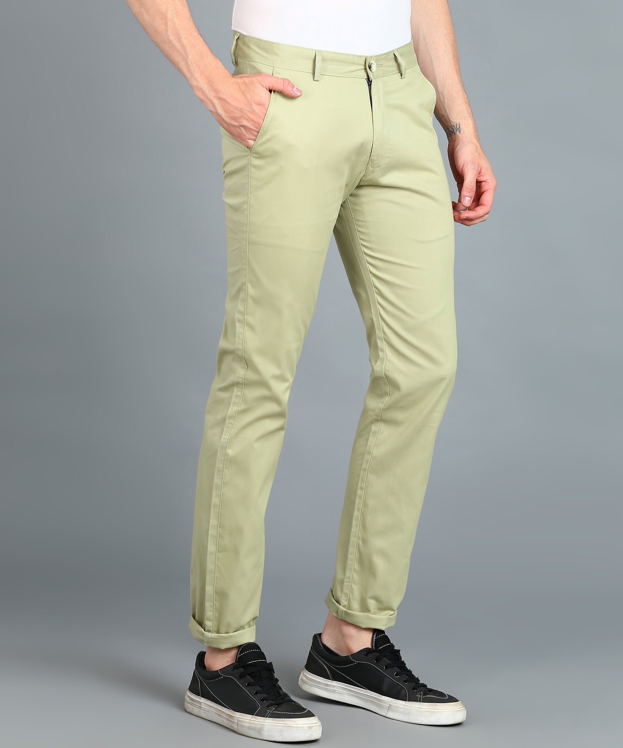 Men's Green Cotton Slim Fit Casual Chinos Trousers