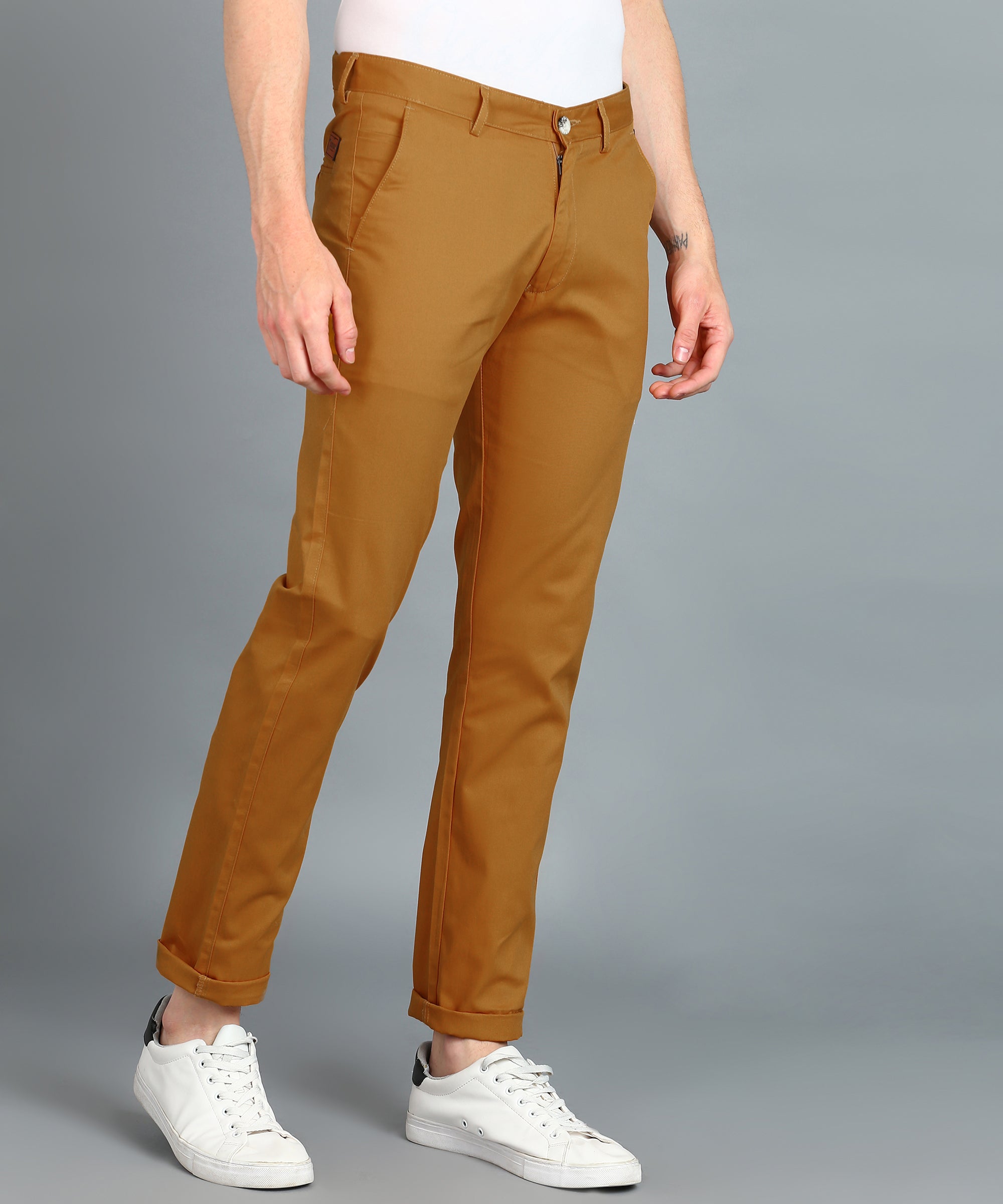 Men's Yellow Cotton Slim Fit Casual Chinos Trousers