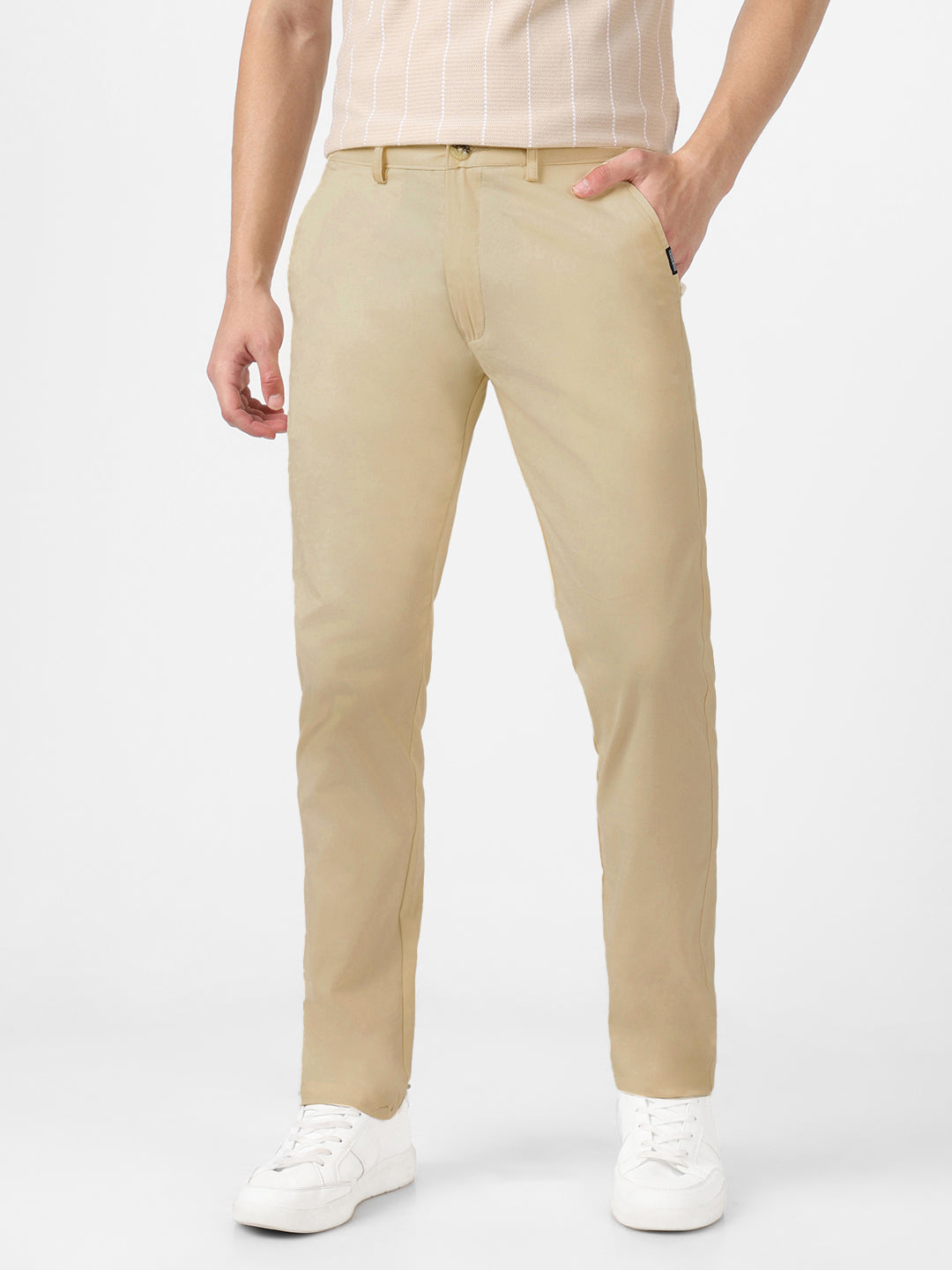 Men's Cream Cotton Light Weight Non-Stretch Slim Fit Casual Trousers