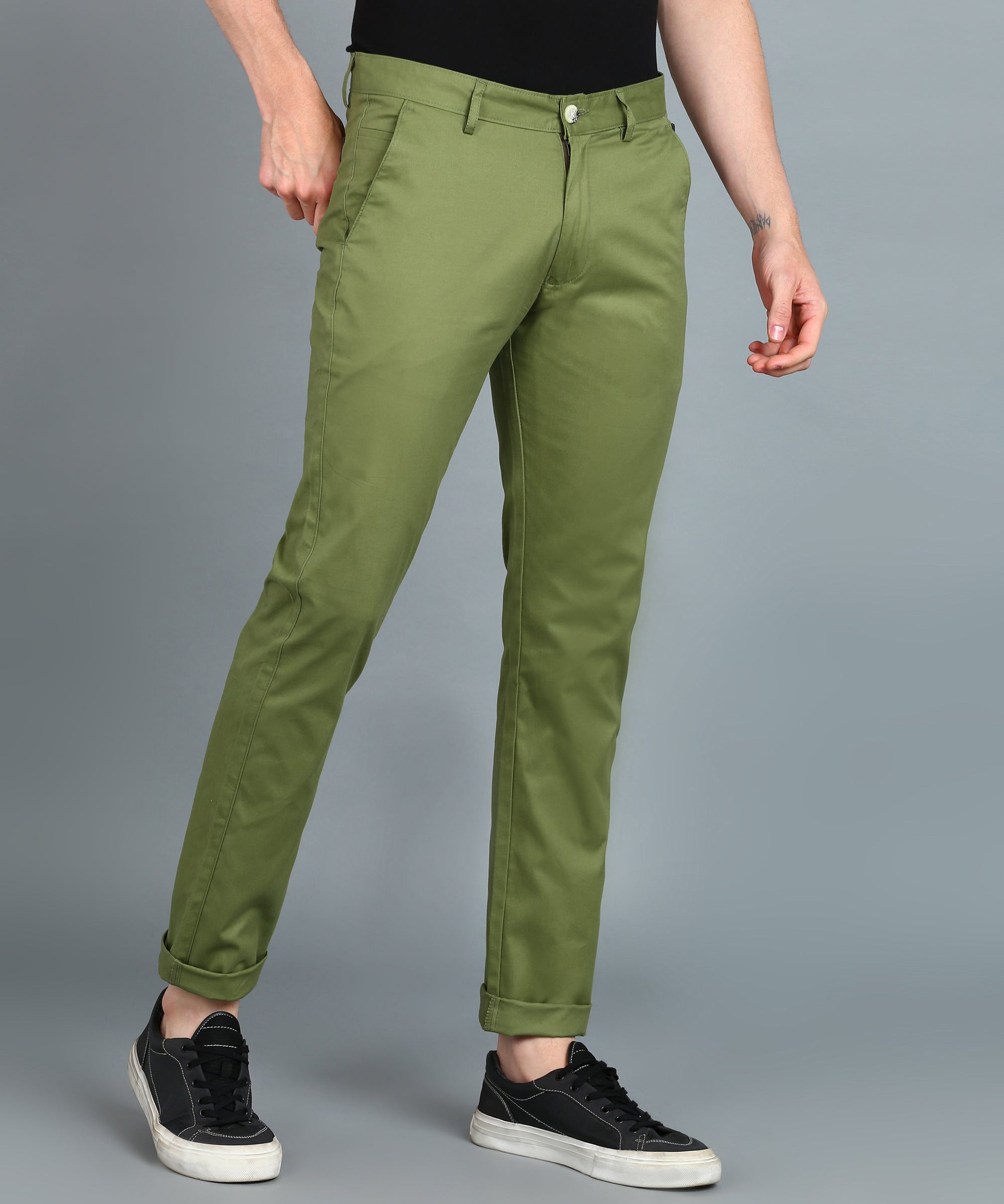 Men's Green Cotton Slim Fit Casual Chinos Trousers