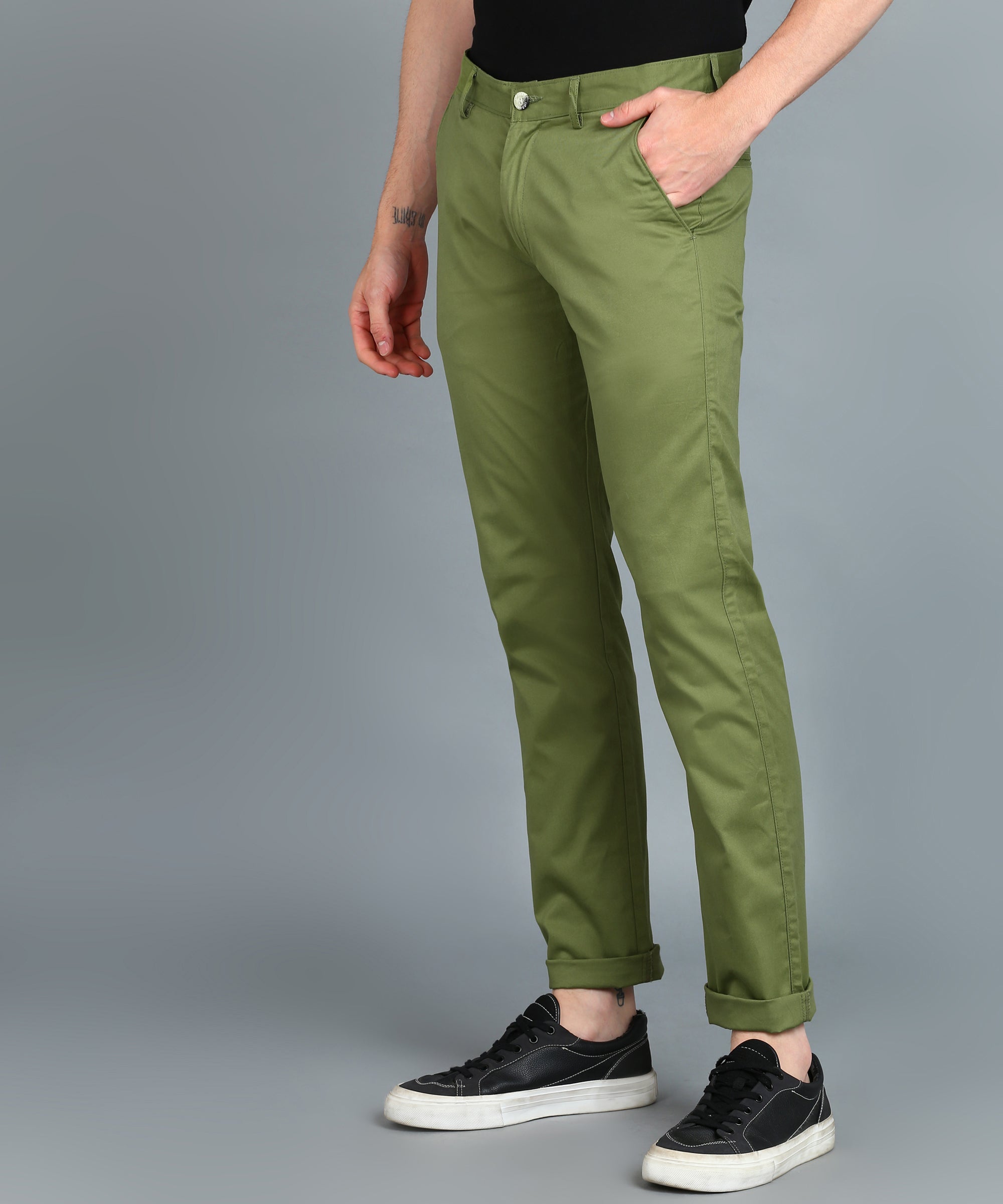 Men's Green Cotton Slim Fit Casual Chinos Trousers