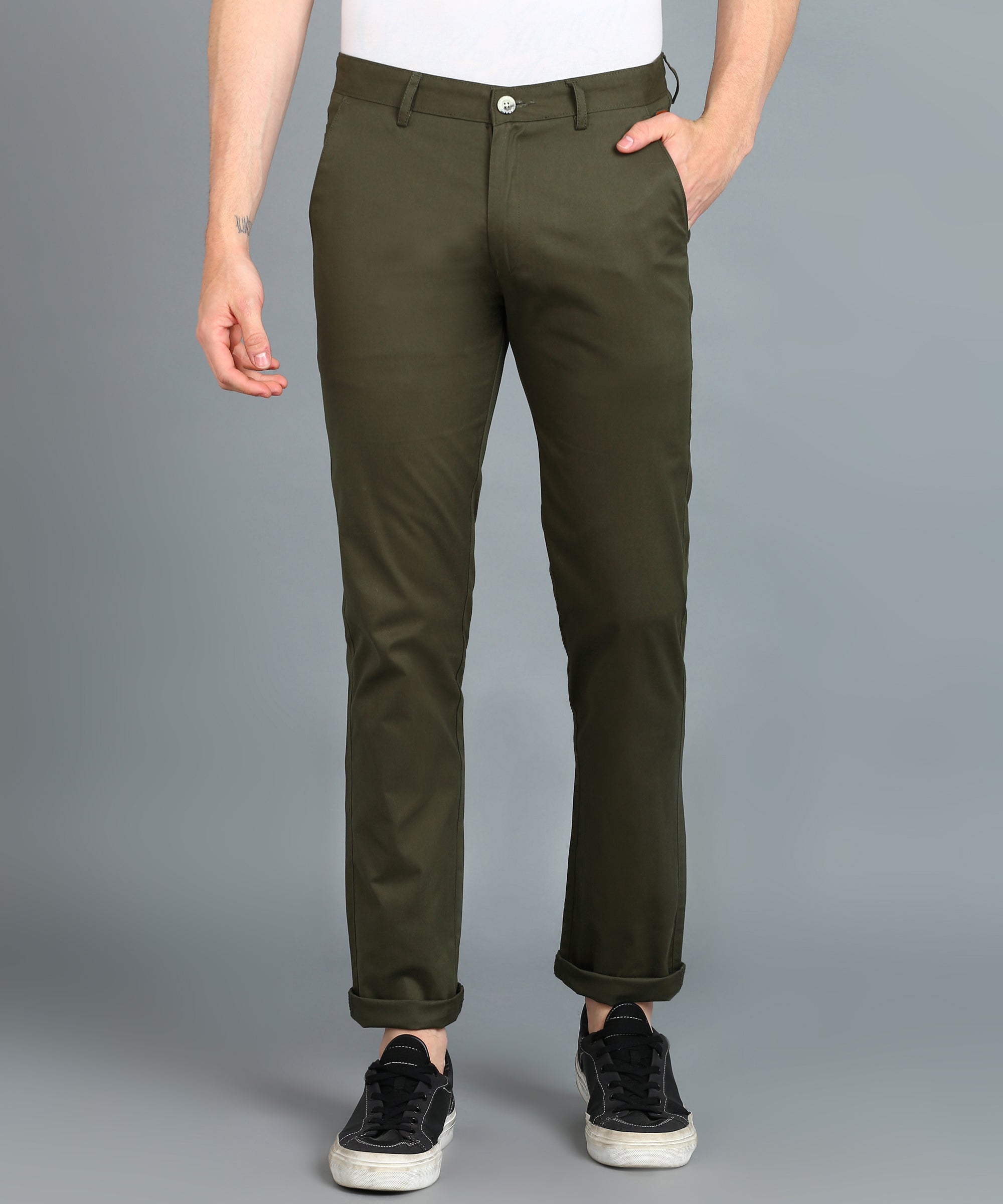 Men's Dark Green Cotton Slim Fit Casual Chinos Trousers