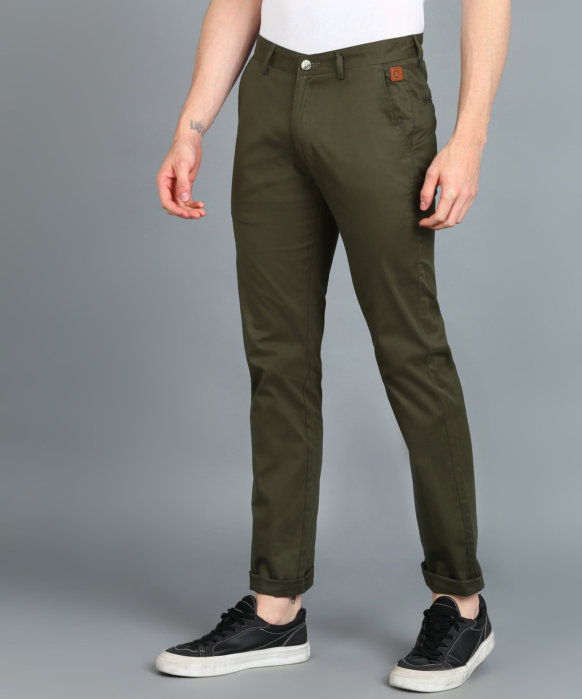 Men's Dark Green Cotton Slim Fit Casual Chinos Trousers