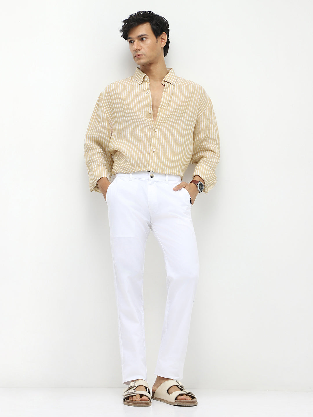 Men's White Cotton Slim Fit Casual Chinos Trousers