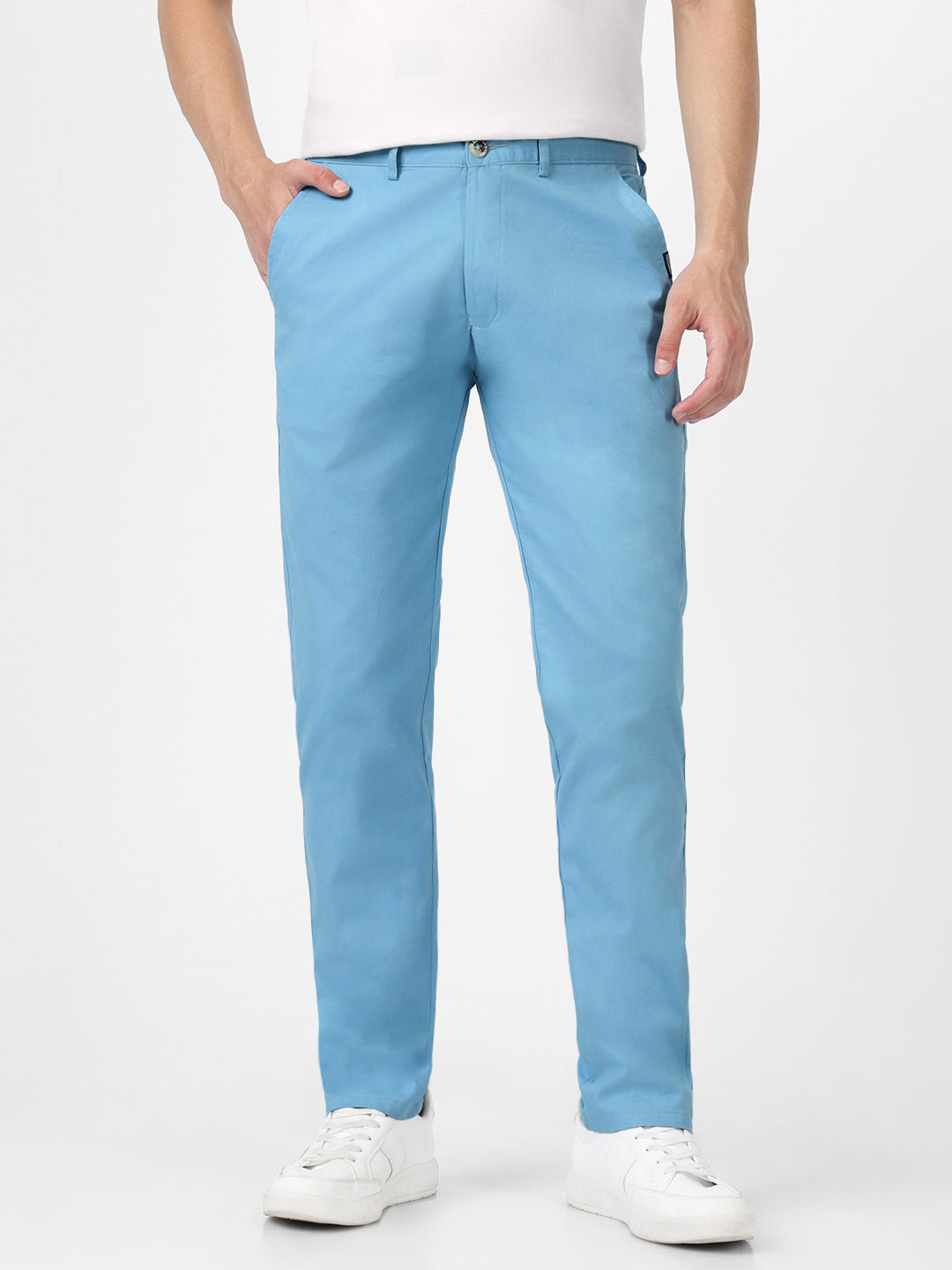 Men's Blue Cotton Light Weight Non-Stretch Slim Fit Casual Trousers