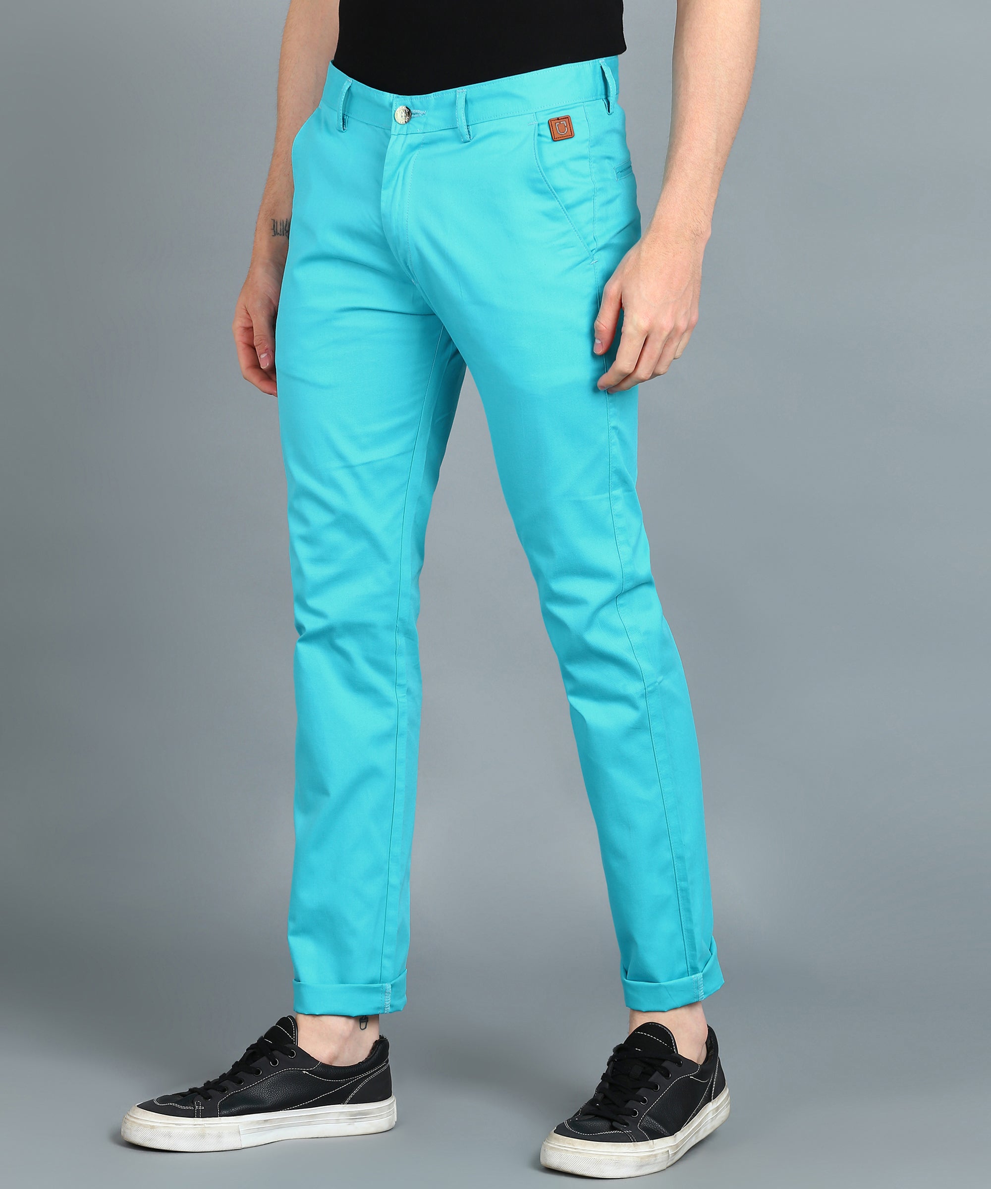 Men's Blue Cotton Slim Fit Casual Chinos Trousers