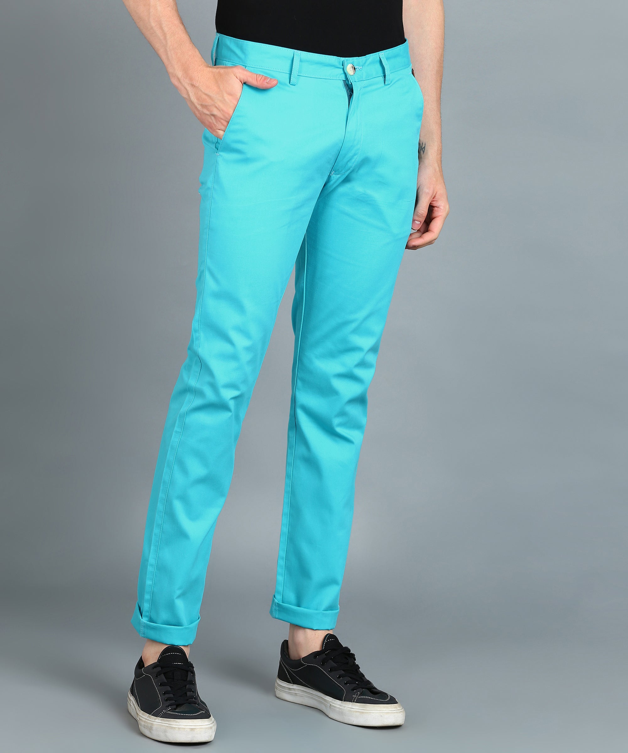 Men's Blue Cotton Slim Fit Casual Chinos Trousers