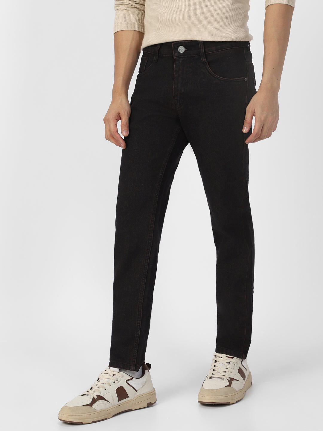 Men's Dark Brown Slim Fit Solid Jeans Stretchable