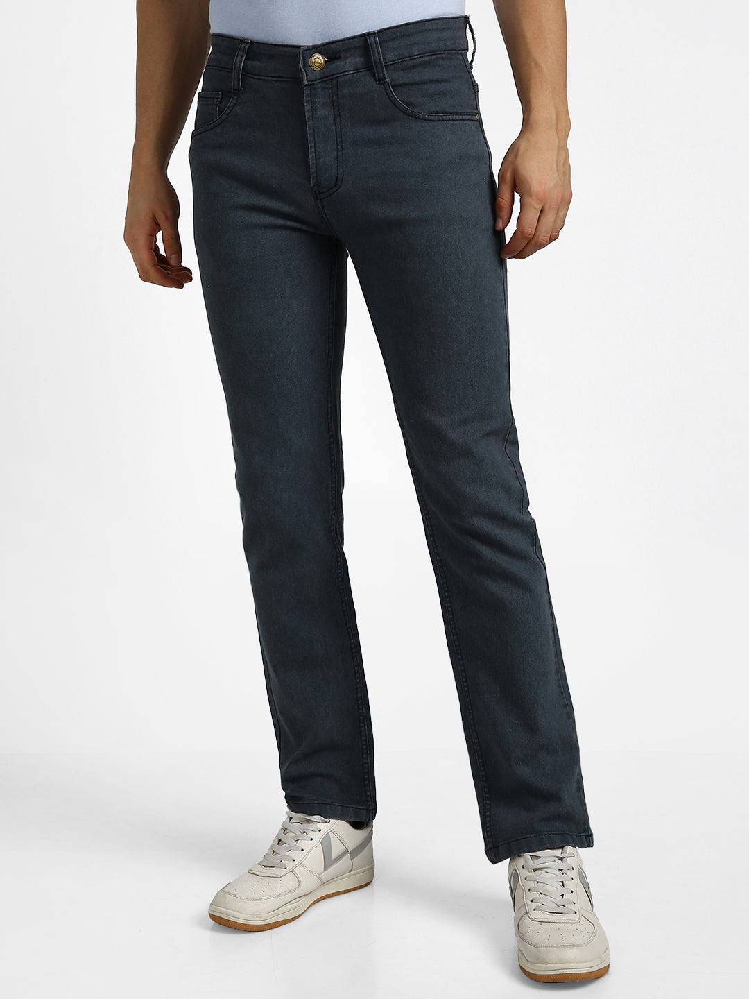 Men's Grey Regular Fit Washed Jeans Stretchable