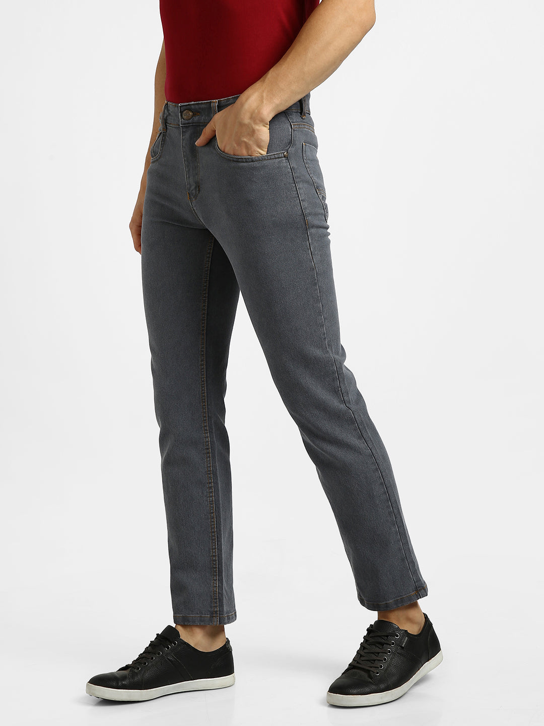 Men's Grey Regular Fit Washed Jeans Stretchable