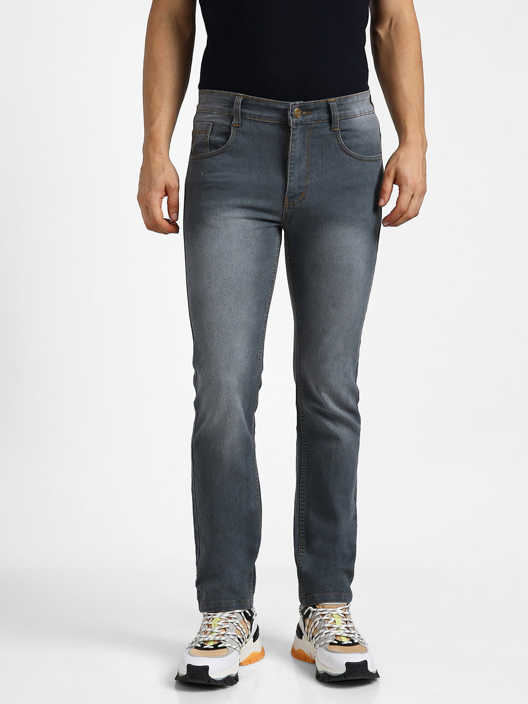 Men's Grey Regular Fit Washed Jeans Stretchable