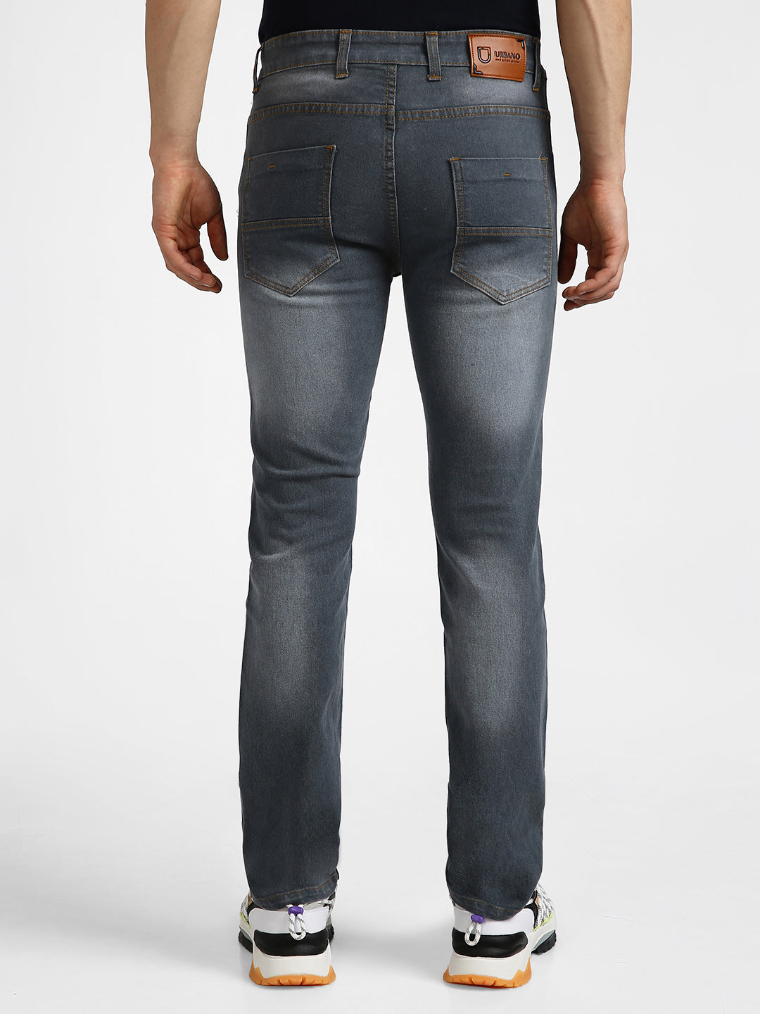 Men's Grey Regular Fit Washed Jeans Stretchable