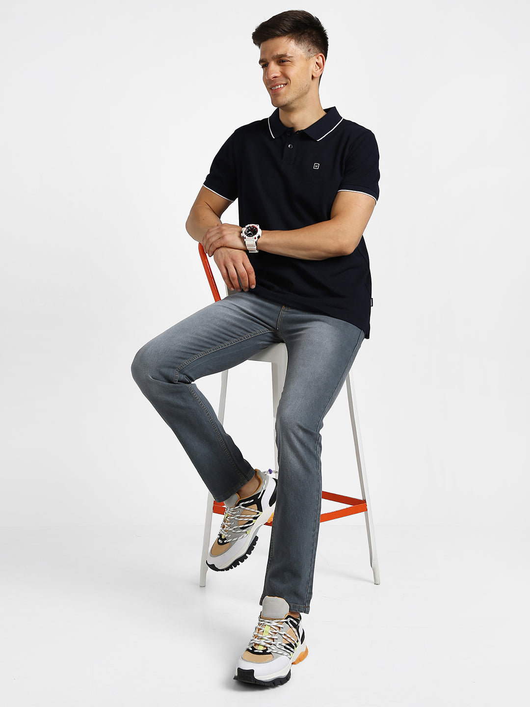 Men's Grey Regular Fit Washed Jeans Stretchable
