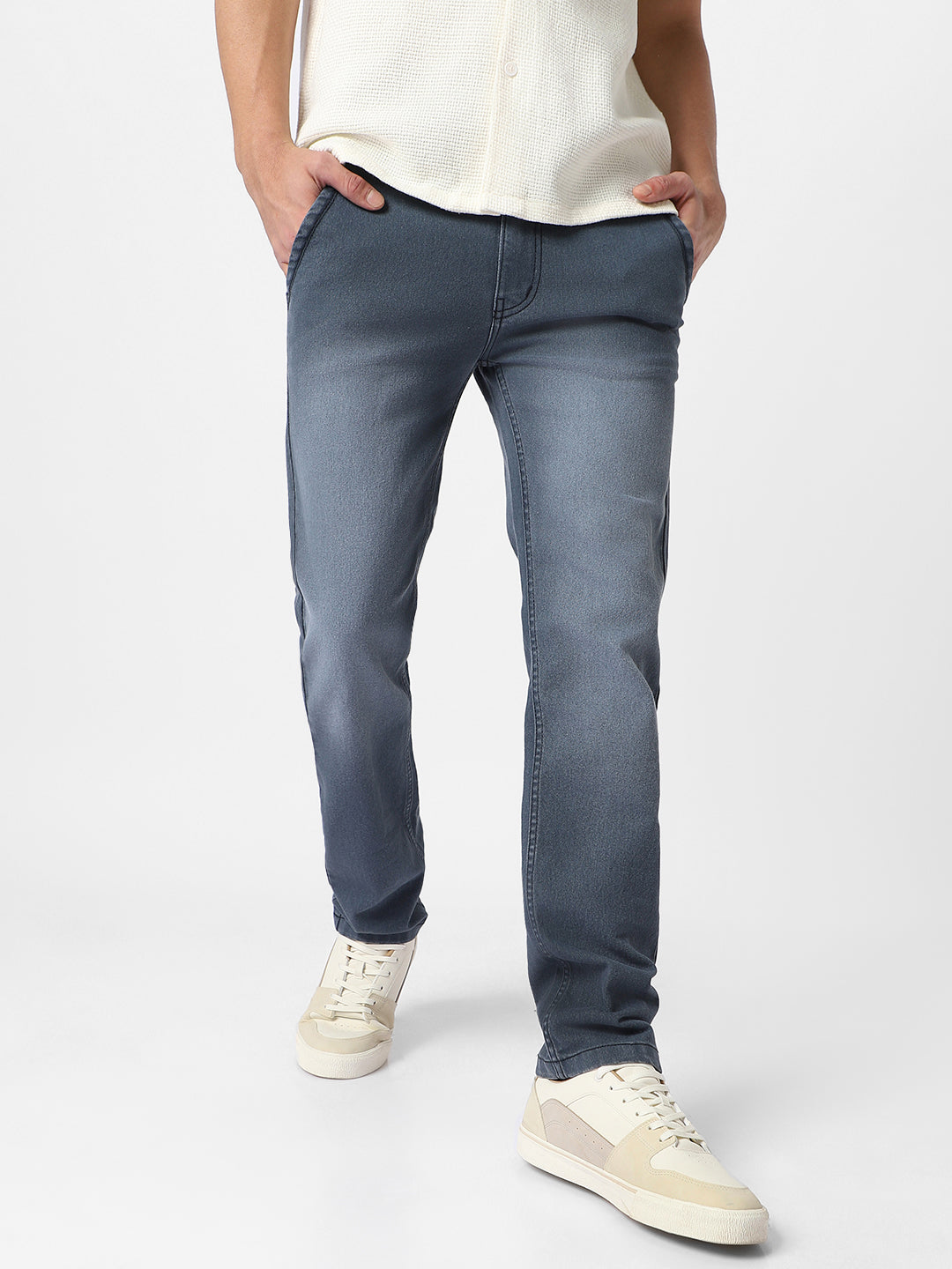Men's Grey Regular Fit Washed Jeans Stretchable