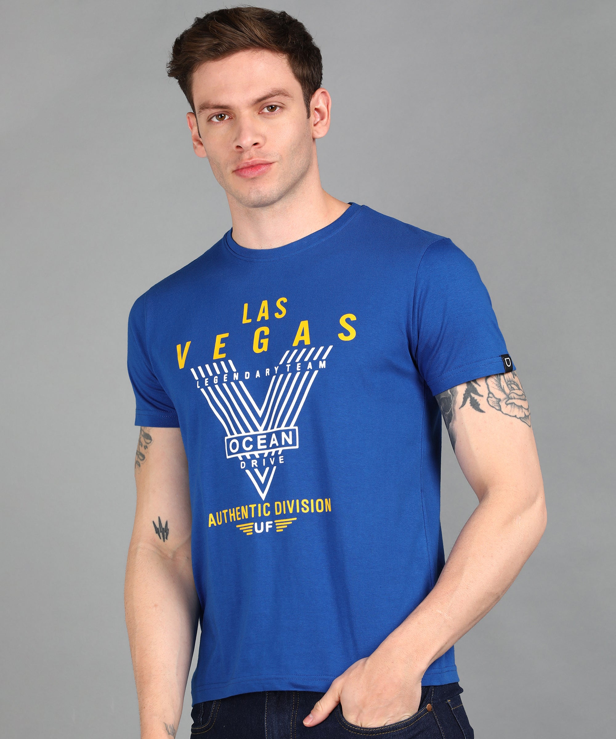 Urbano Fashion Men's Royal Blue Graphic Printed Round Neck Half Sleeve Slim Fit Cotton T-Shirt