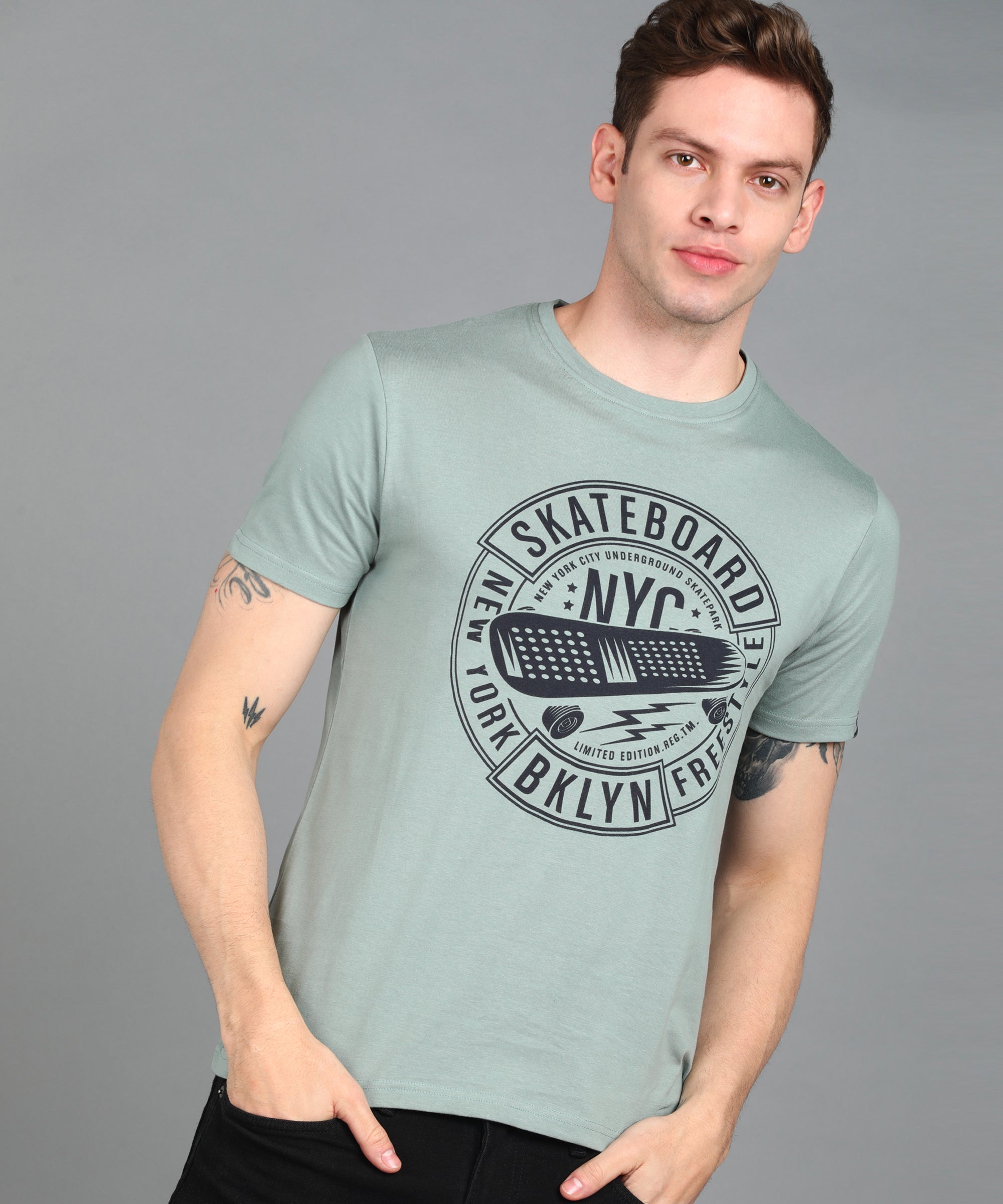 Urbano Fashion Men's Light Green Graphic Printed Round Neck Half Sleeve Slim Fit Cotton T-Shirt