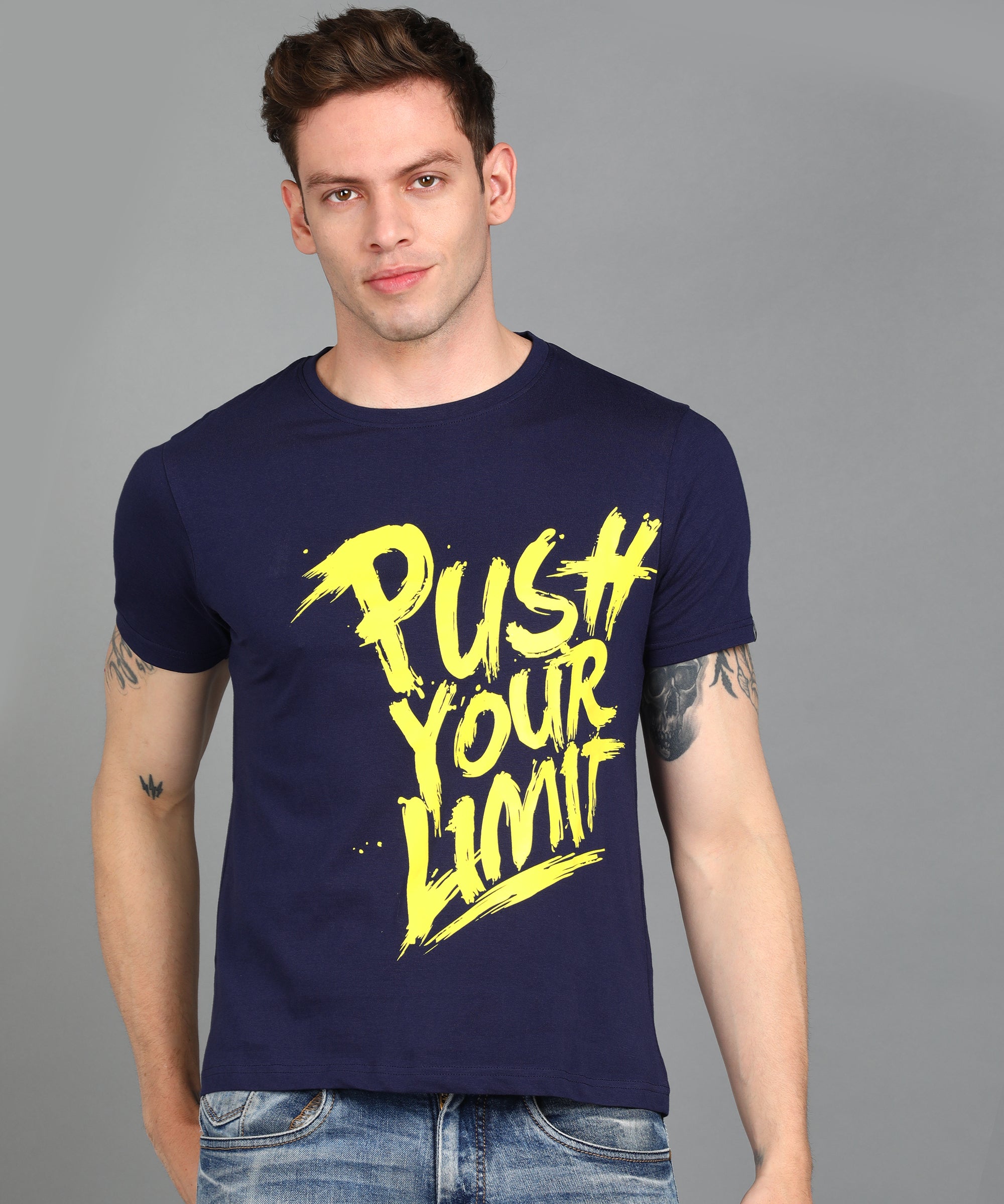 Urbano Fashion Men's Dark Blue Graphic Printed Round Neck Half Sleeve Slim Fit Cotton T-Shirt