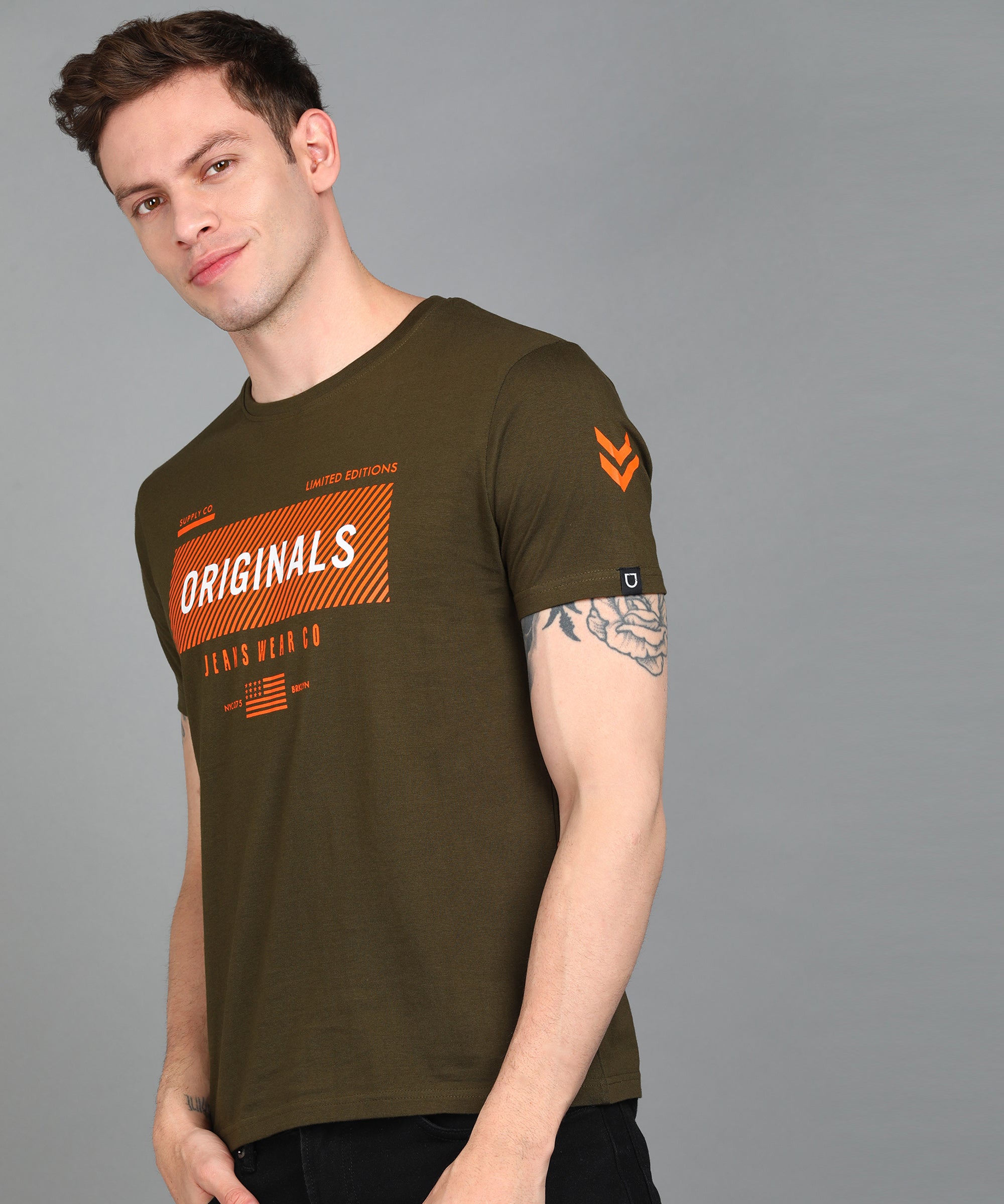 Urbano Fashion Men's Olive Graphic Printed Round Neck Half Sleeve Slim Fit Cotton T-Shirt