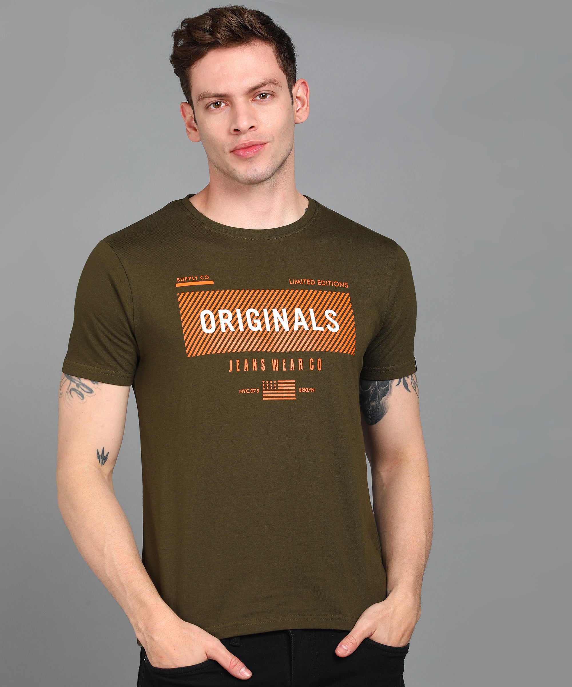 Urbano Fashion Men's Olive Graphic Printed Round Neck Half Sleeve Slim Fit Cotton T-Shirt