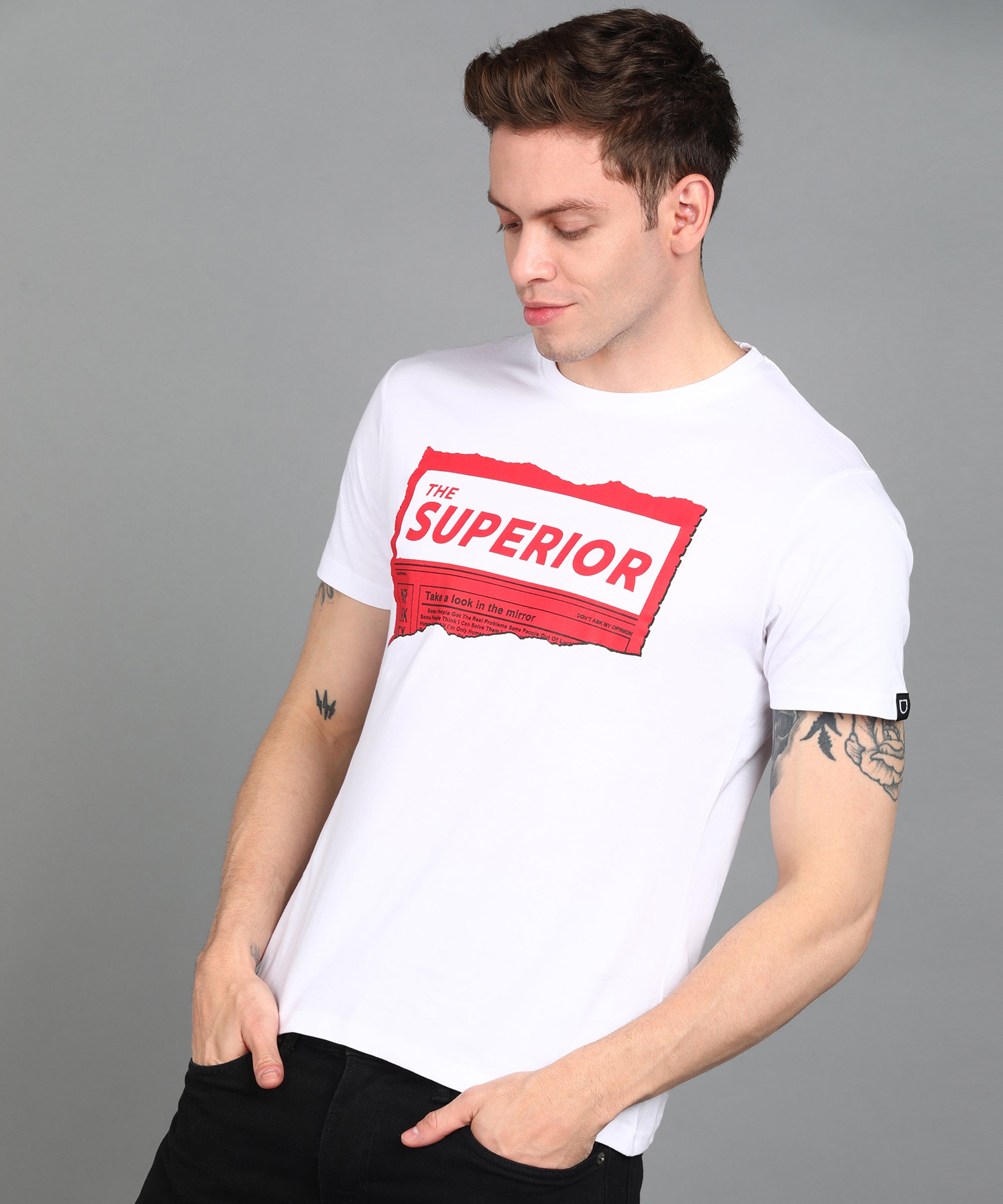 Urbano Fashion Men's White Graphic Printed Round Neck Half Sleeve Slim Fit Cotton T-Shirt