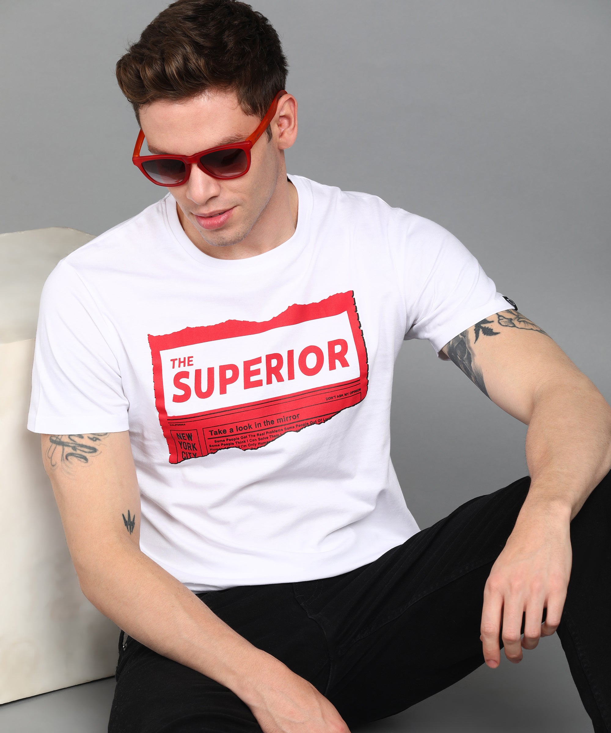 Urbano Fashion Men's White Graphic Printed Round Neck Half Sleeve Slim Fit Cotton T-Shirt