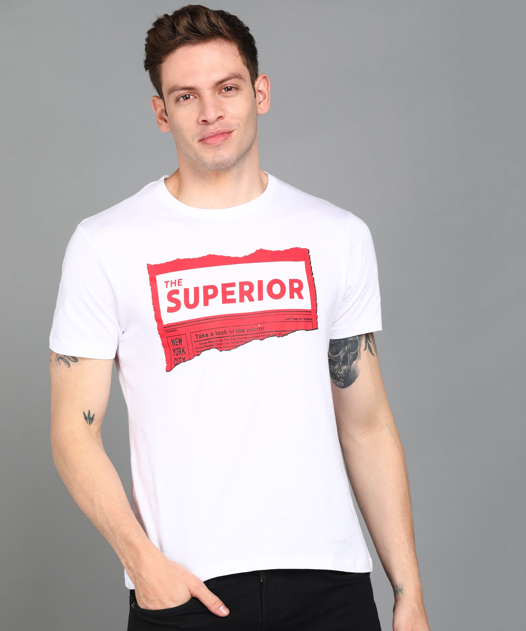 Urbano Fashion Men's White Graphic Printed Round Neck Half Sleeve Slim Fit Cotton T-Shirt