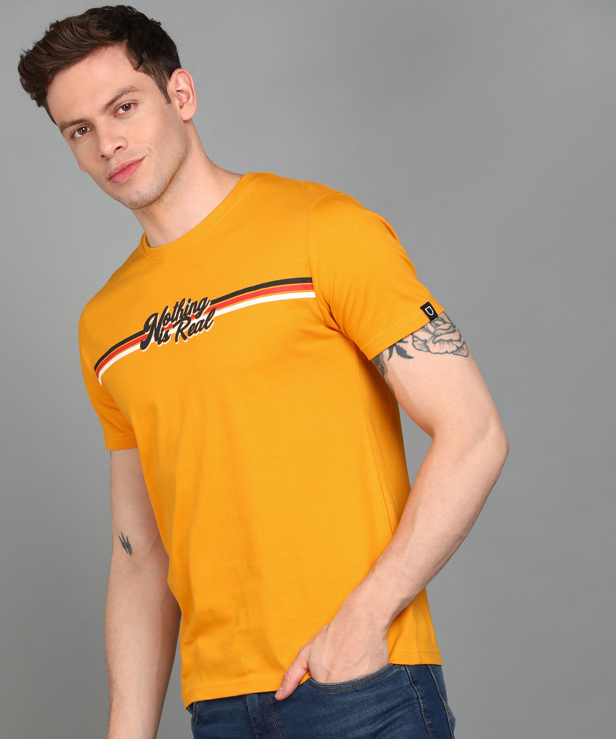 Urbano Fashion Men's Yellow Graphic Printed Round Neck Half Sleeve Slim Fit Cotton T-Shirt