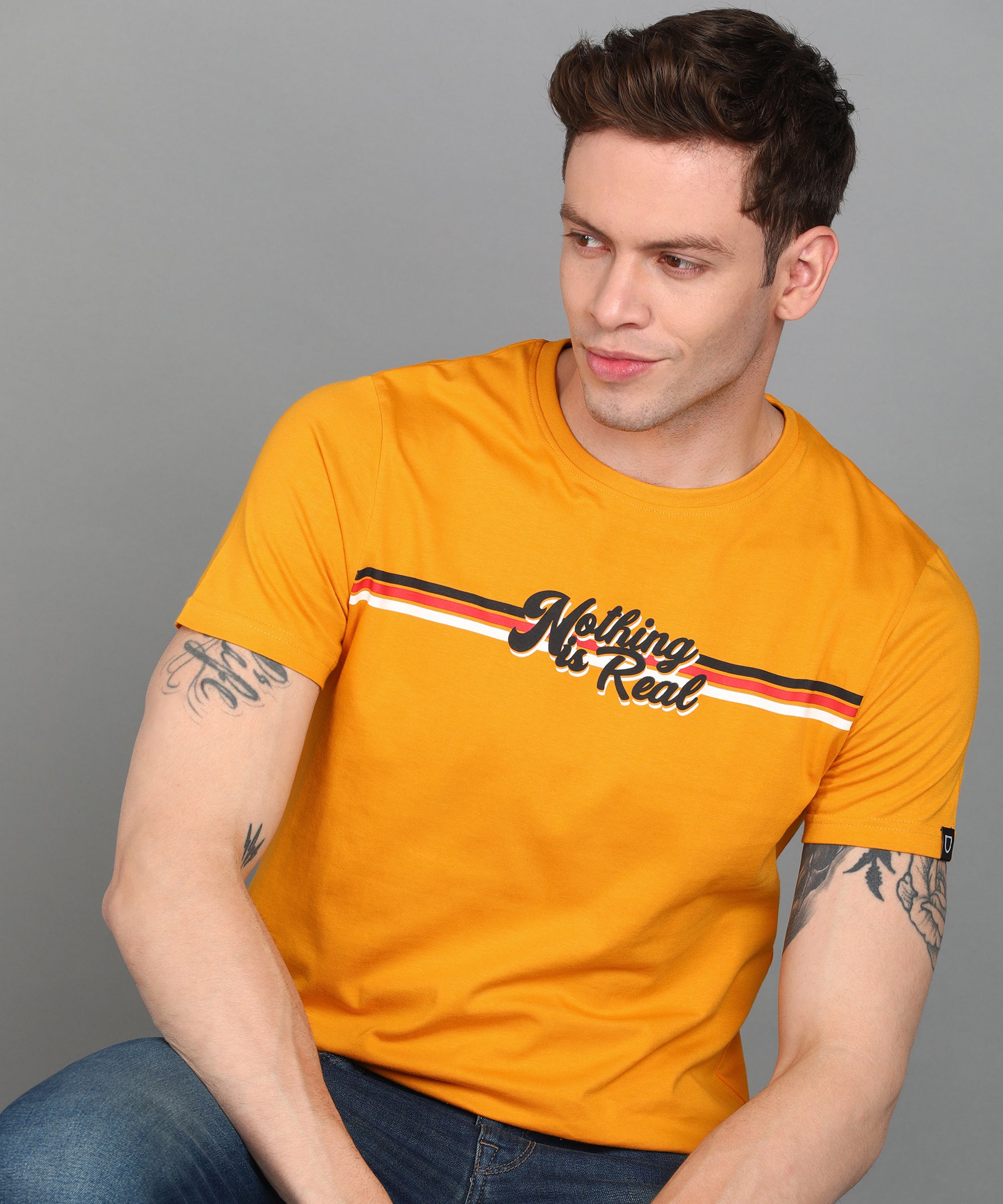 Urbano Fashion Men's Yellow Graphic Printed Round Neck Half Sleeve Slim Fit Cotton T-Shirt