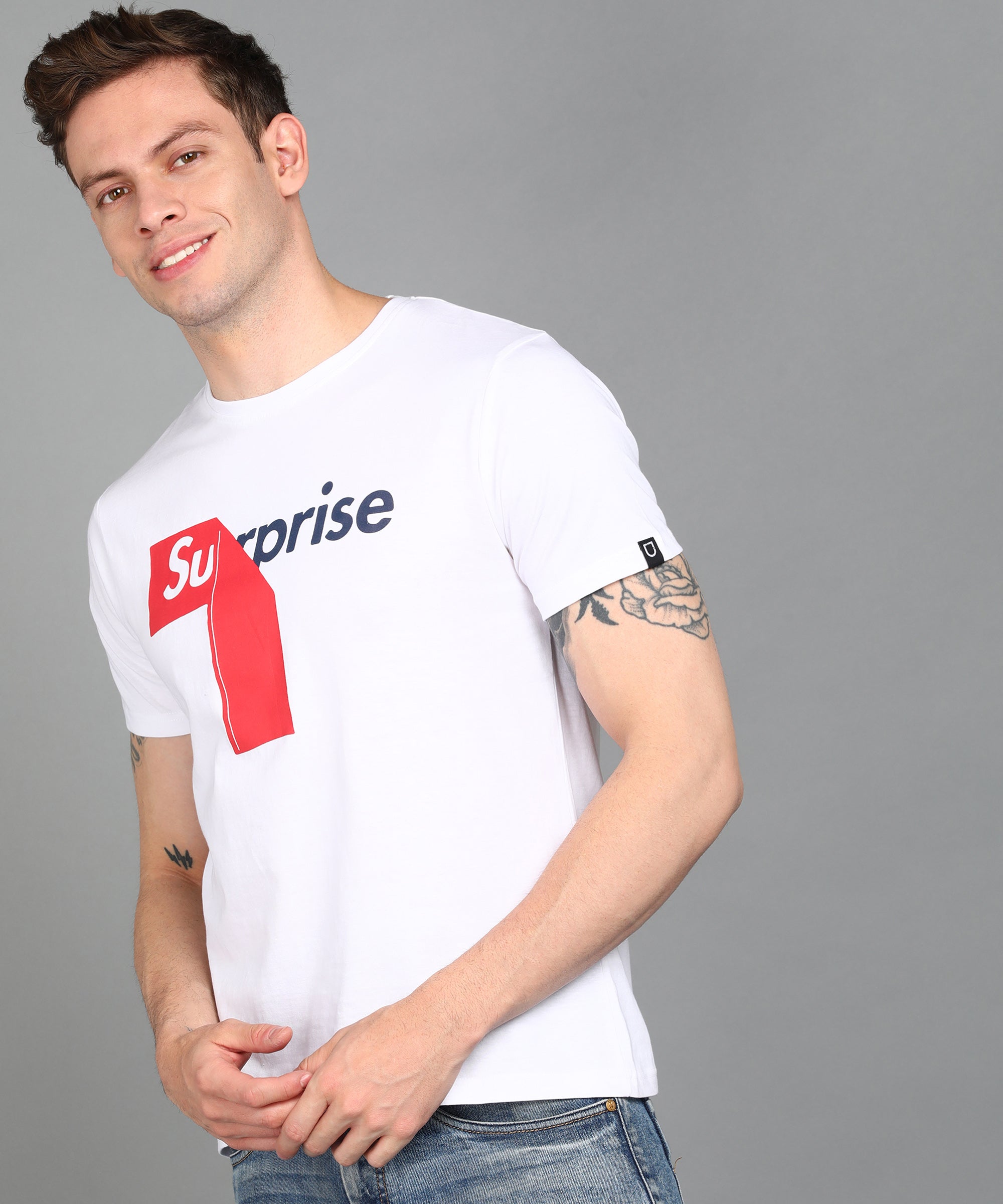 Urbano Fashion Men's White Graphic Printed Round Neck Half Sleeve Slim Fit Cotton T-Shirt