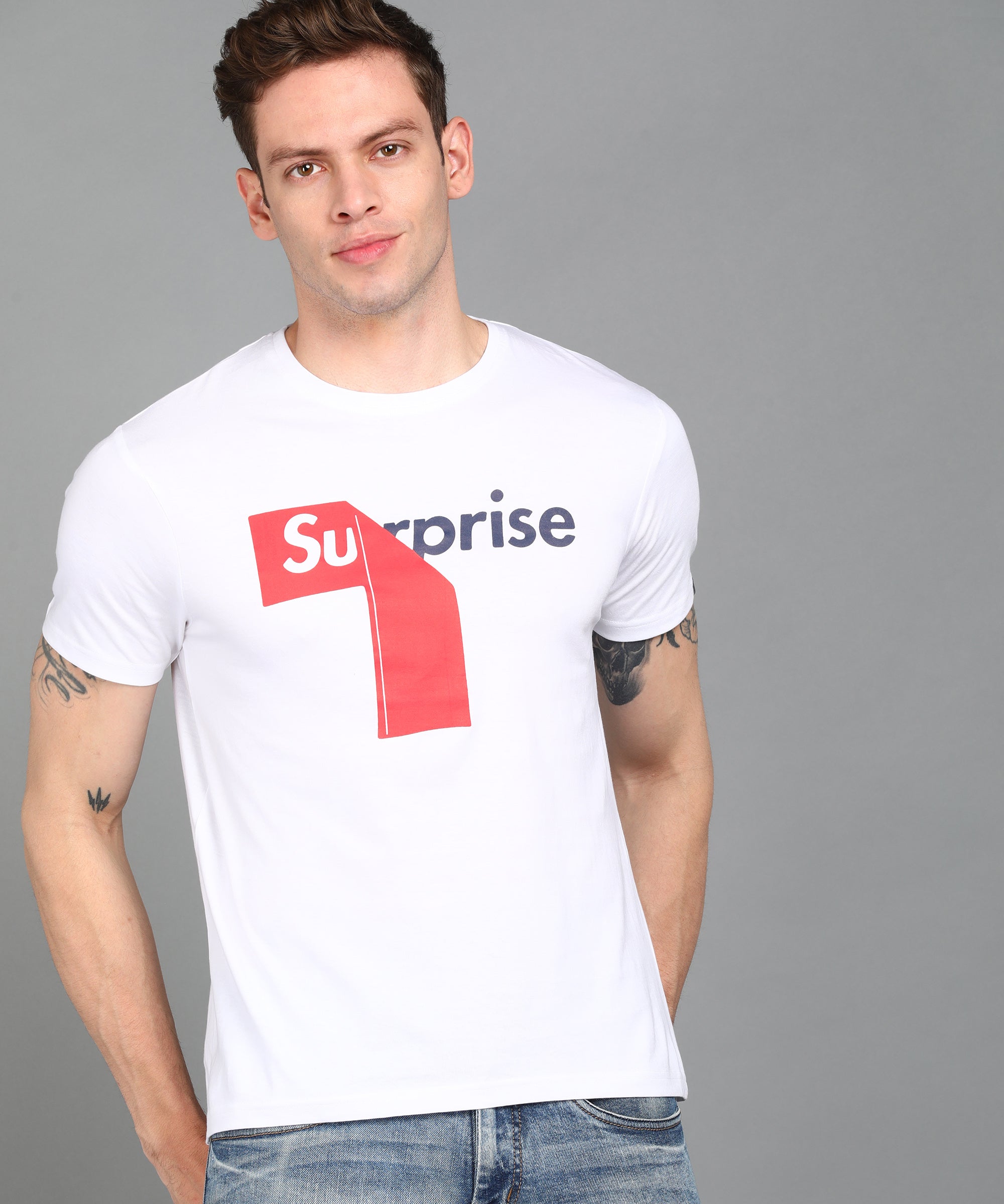 Urbano Fashion Men's White Graphic Printed Round Neck Half Sleeve Slim Fit Cotton T-Shirt