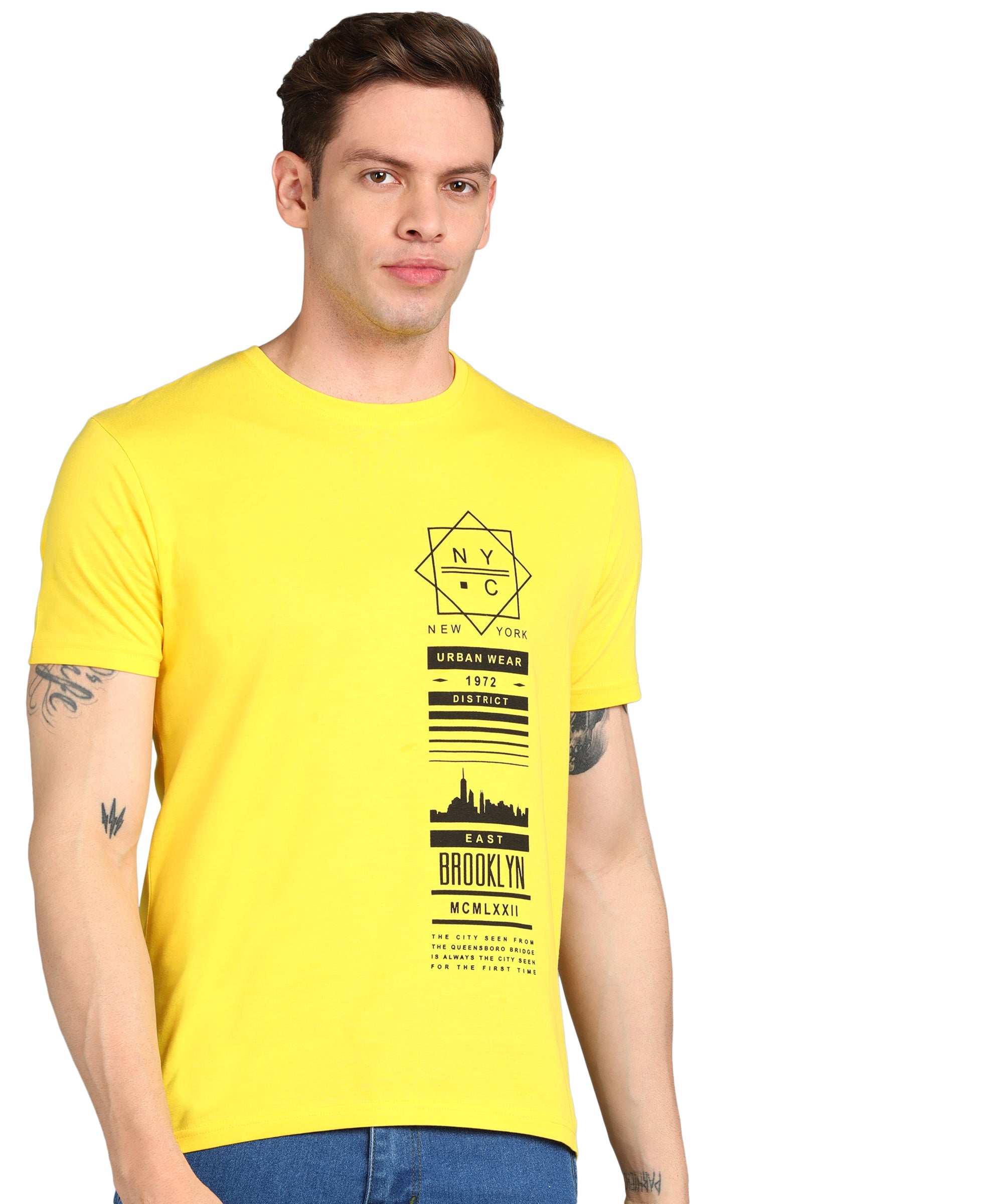 Urbano Fashion Men's Lime Yellow Graphic Printed Round Neck Half Sleeve Slim Fit Cotton T-Shirt