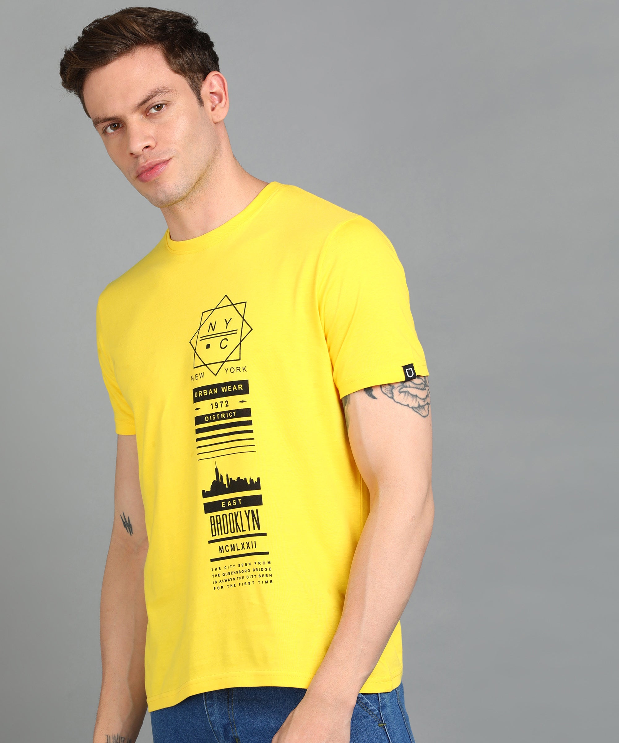 Urbano Fashion Men's Lime Yellow Graphic Printed Round Neck Half Sleeve Slim Fit Cotton T-Shirt