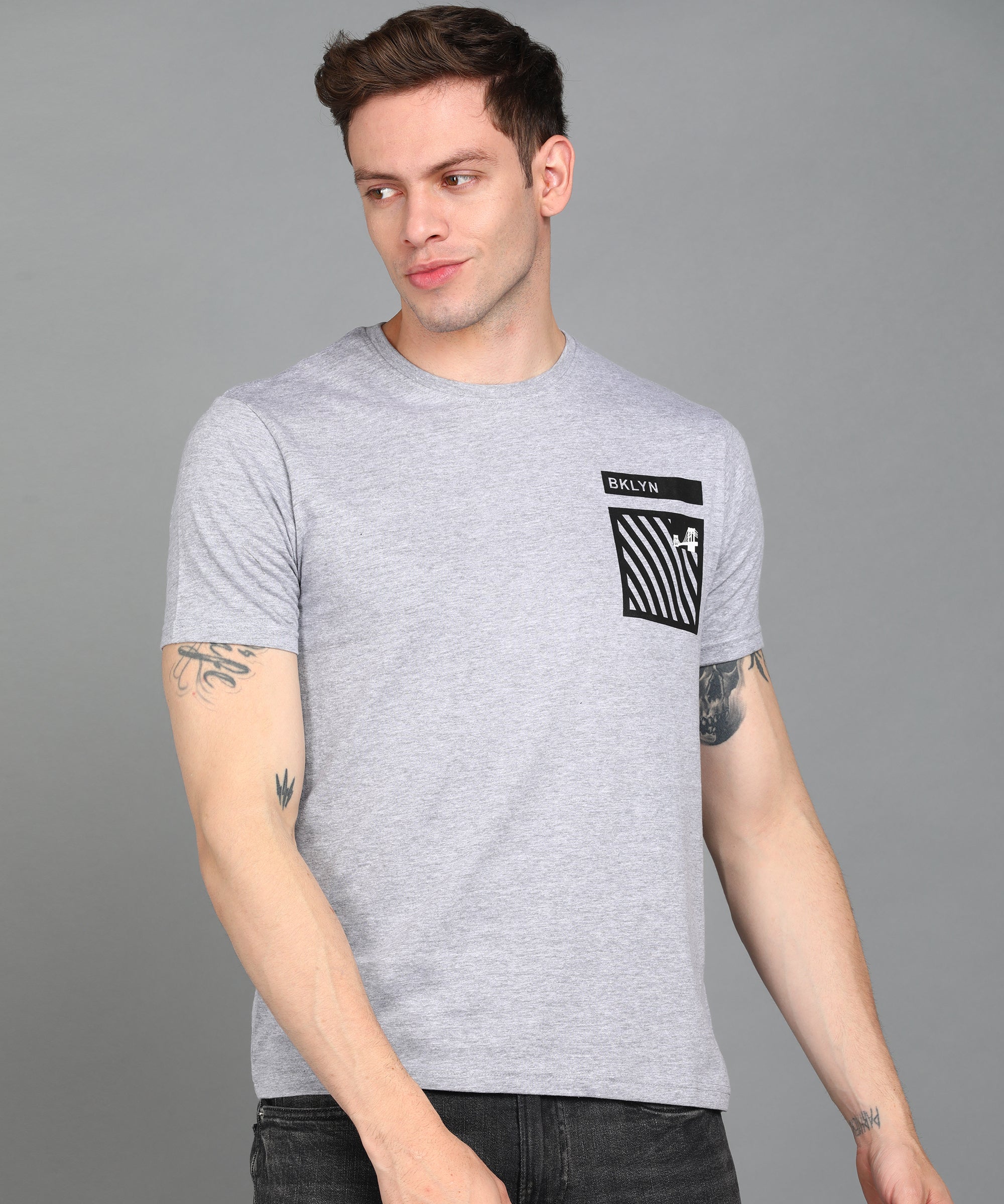Urbano Fashion Men's Grey Graphic Printed Round Neck Half Sleeve Slim Fit Cotton T-Shirt