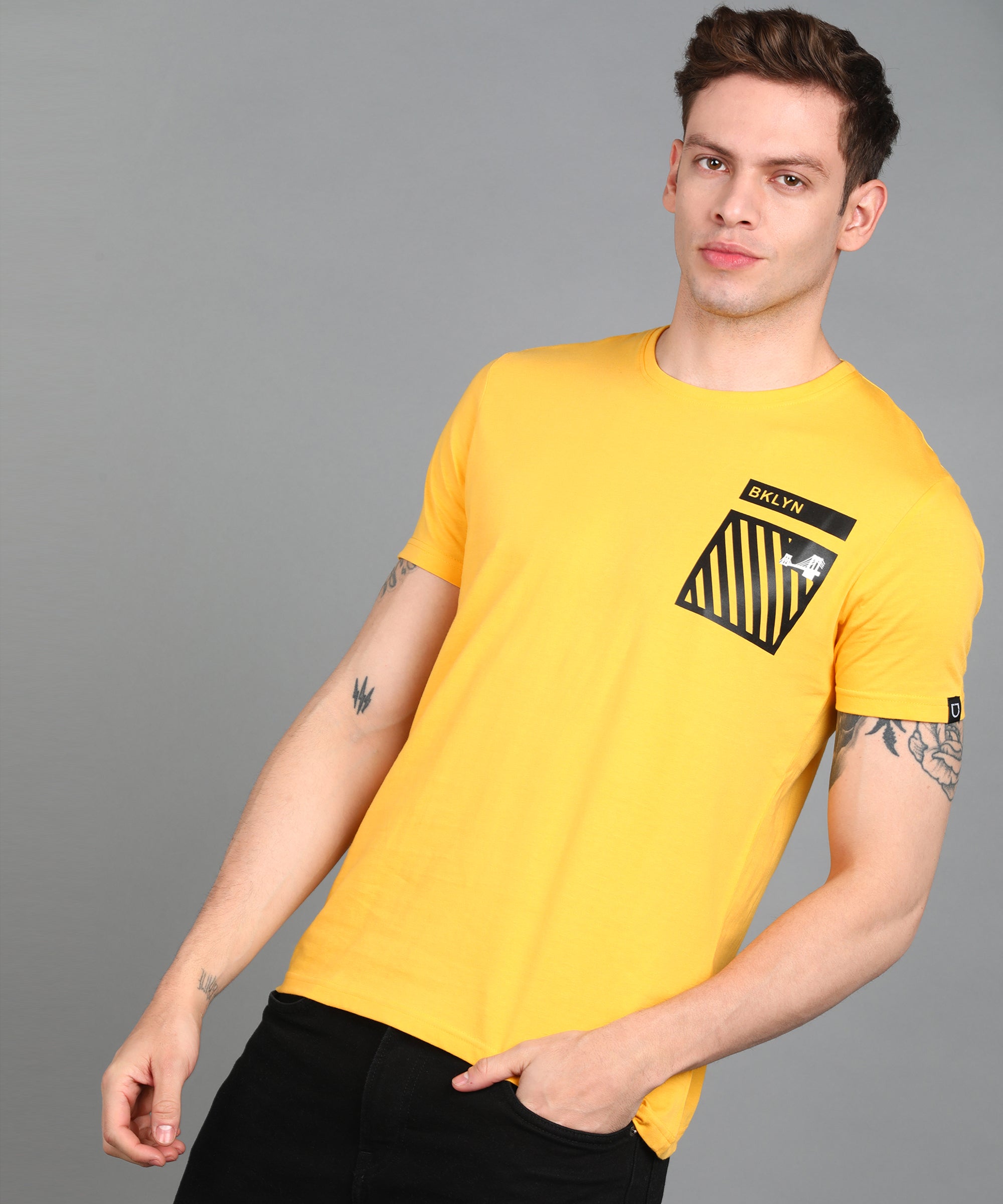 Urbano Fashion Men's Lime Yellow Graphic Printed Round Neck Half Sleeve Slim Fit Cotton T-Shirt