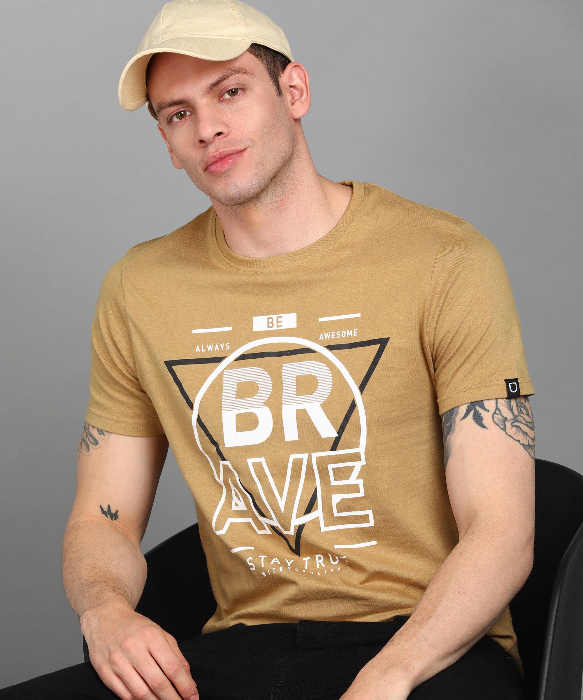 Urbano Fashion Men's Khaki Graphic Printed Round Neck Half Sleeve Slim Fit Cotton T-Shirt