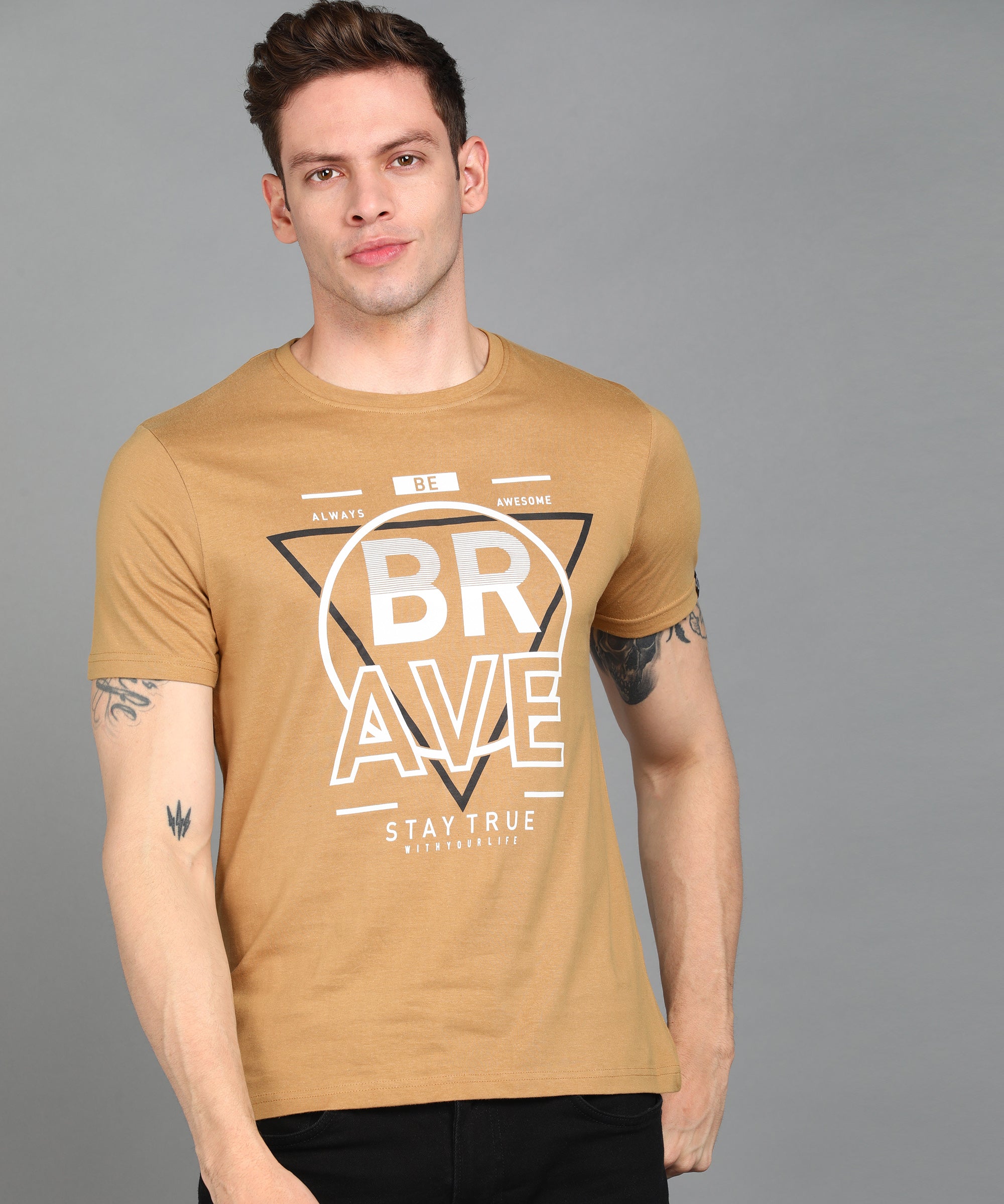 Urbano Fashion Men's Khaki Graphic Printed Round Neck Half Sleeve Slim Fit Cotton T-Shirt