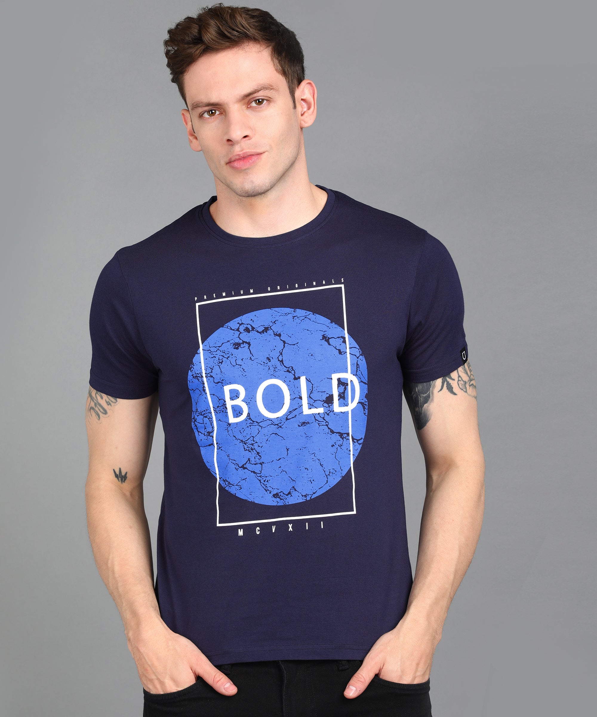 Urbano Fashion Men's Dark Blue Graphic Printed Round Neck Half Sleeve Slim Fit Cotton T-Shirt