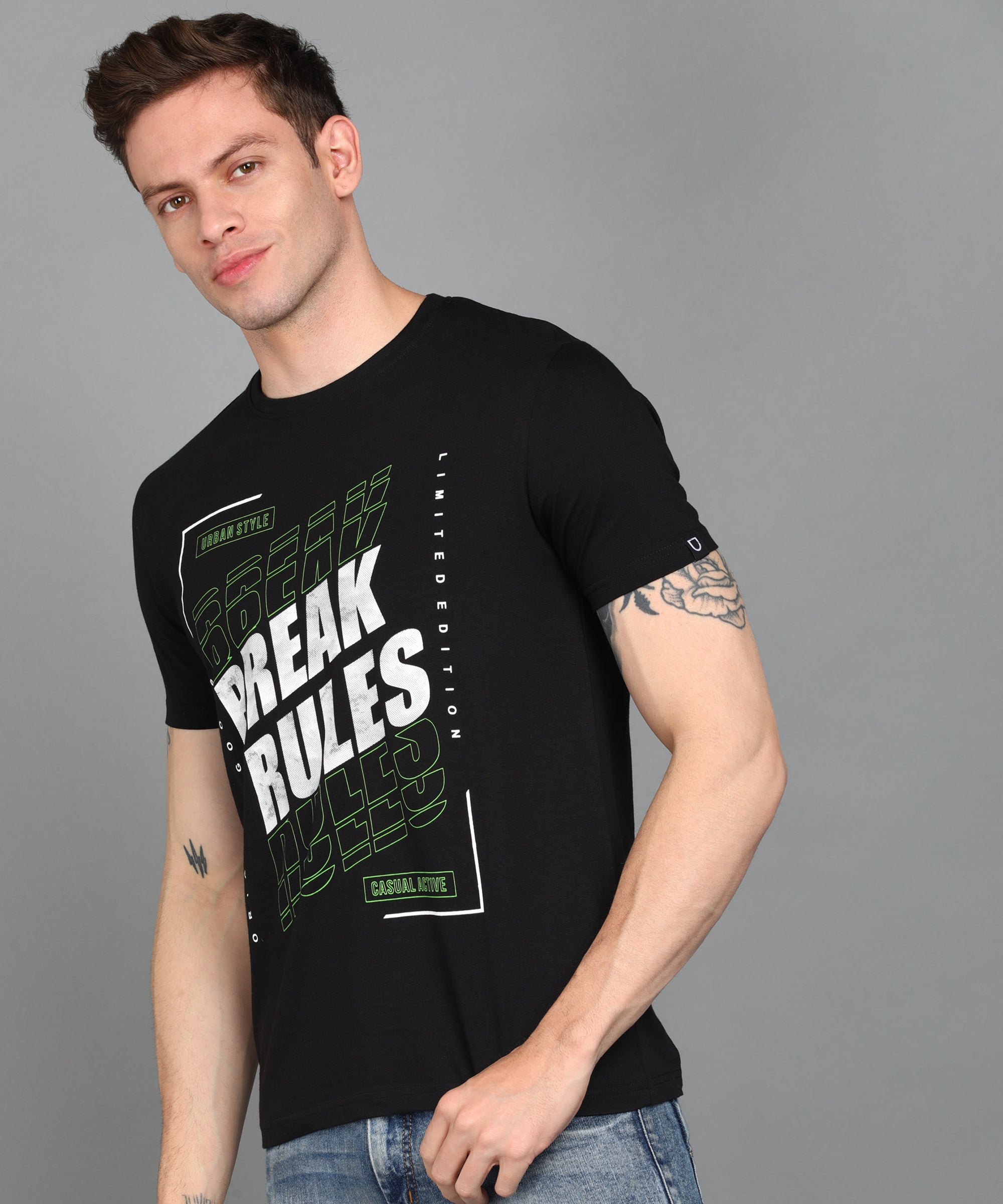 Urbano Fashion Men's Black Graphic Printed Round Neck Half Sleeve Slim Fit Cotton T-Shirt