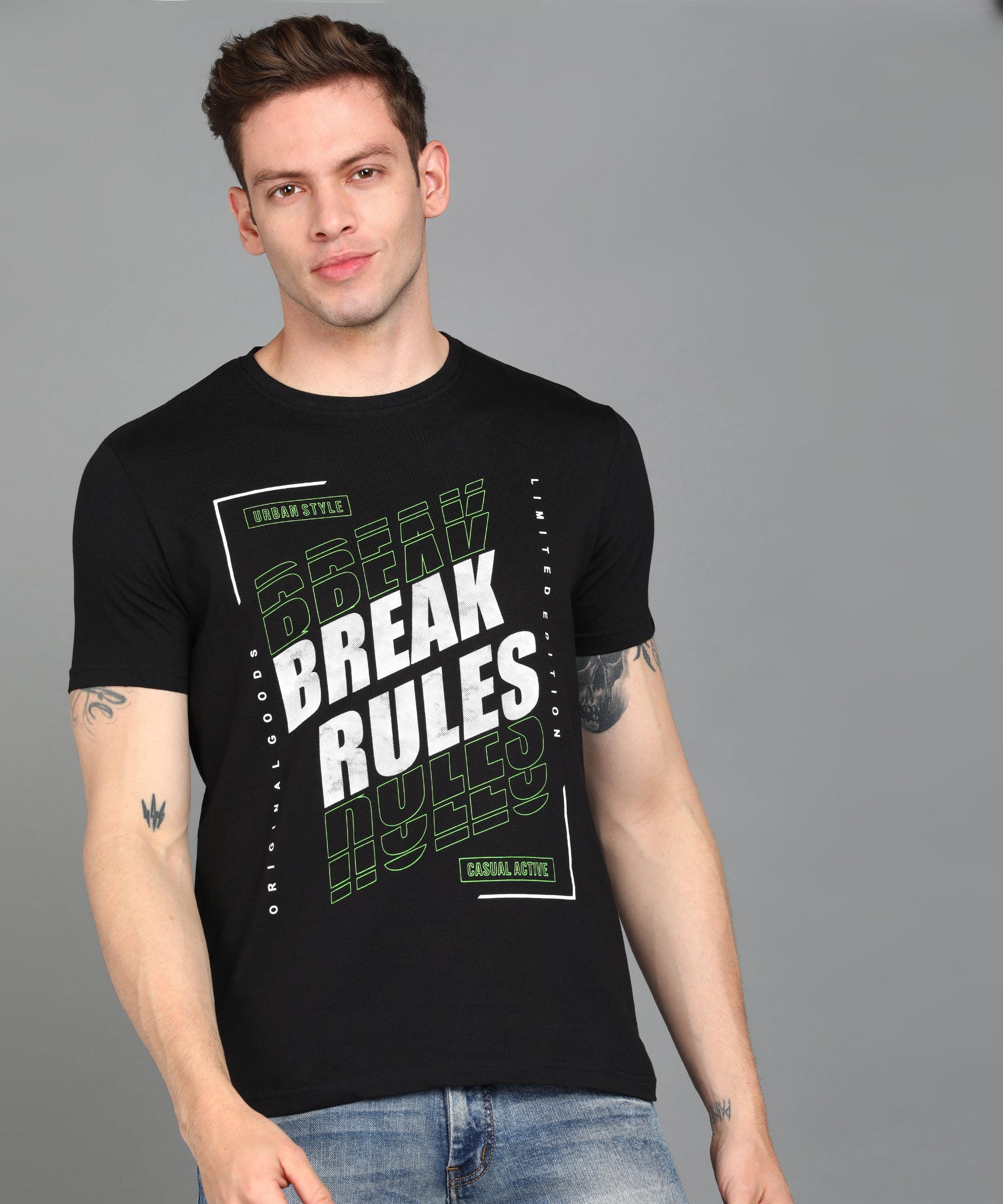 Urbano Fashion Men's Black Graphic Printed Round Neck Half Sleeve Slim Fit Cotton T-Shirt