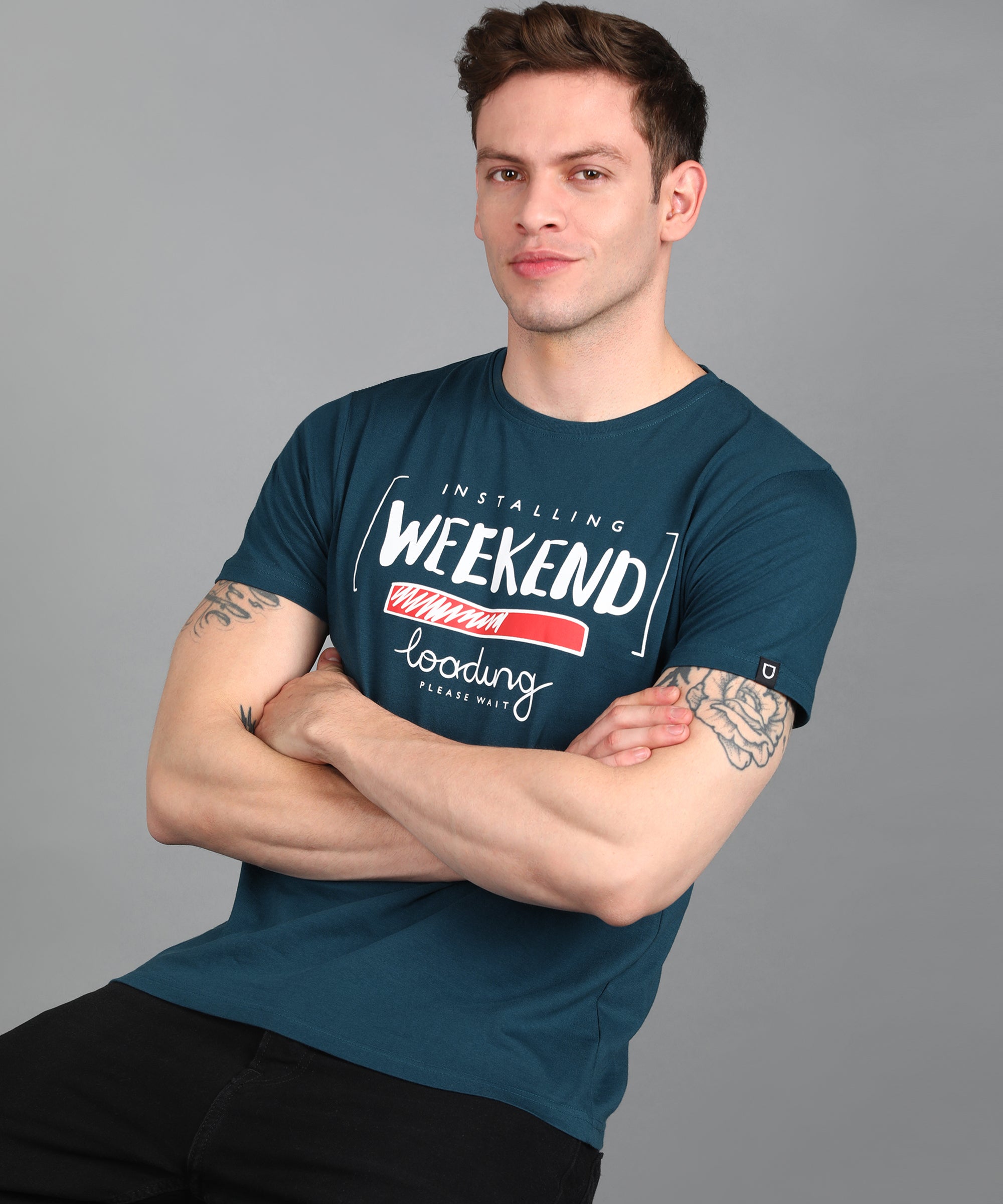 Urbano Fashion Men's Blue Graphic Printed Round Neck Half Sleeve Slim Fit Cotton T-Shirt