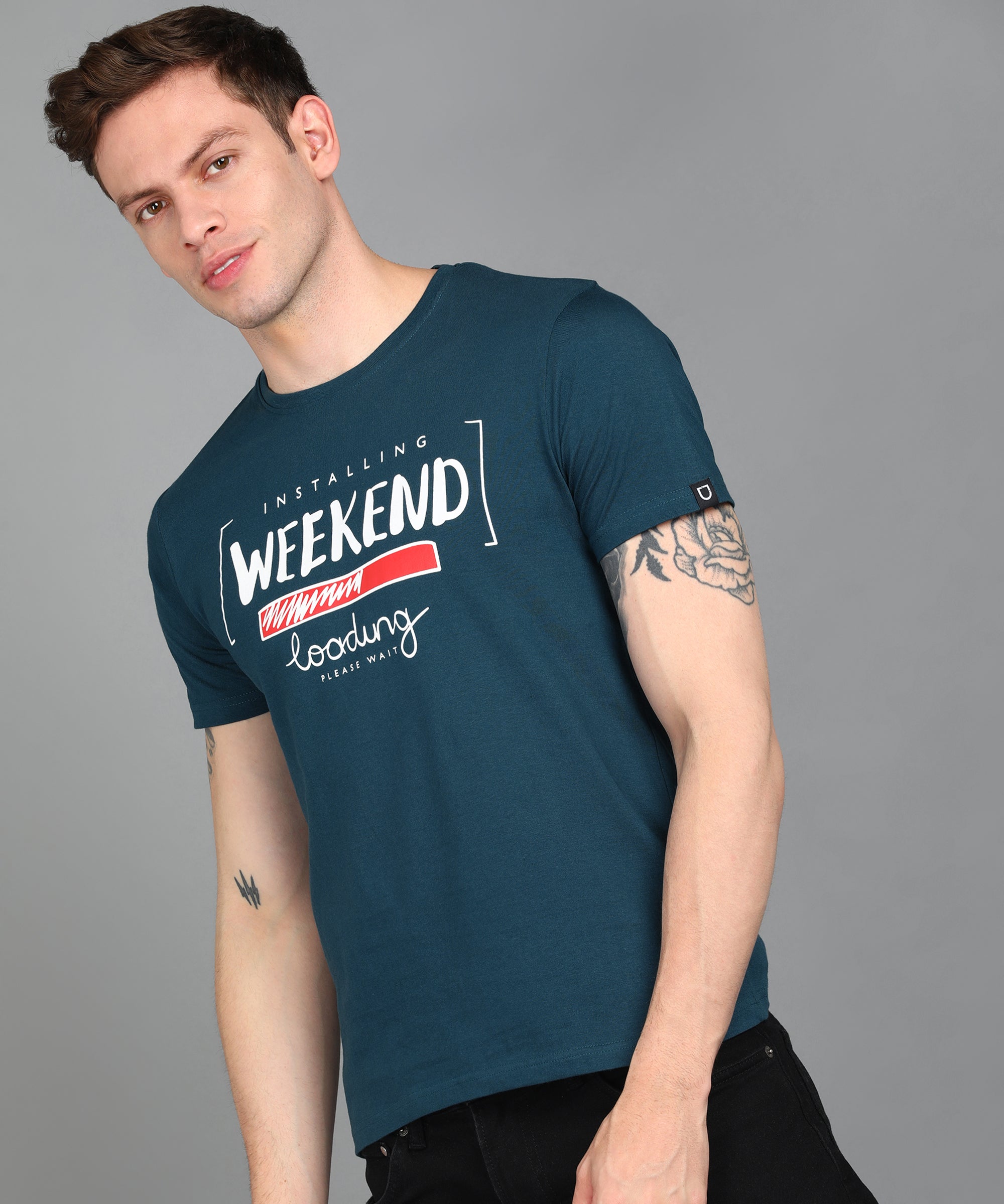 Urbano Fashion Men's Blue Graphic Printed Round Neck Half Sleeve Slim Fit Cotton T-Shirt