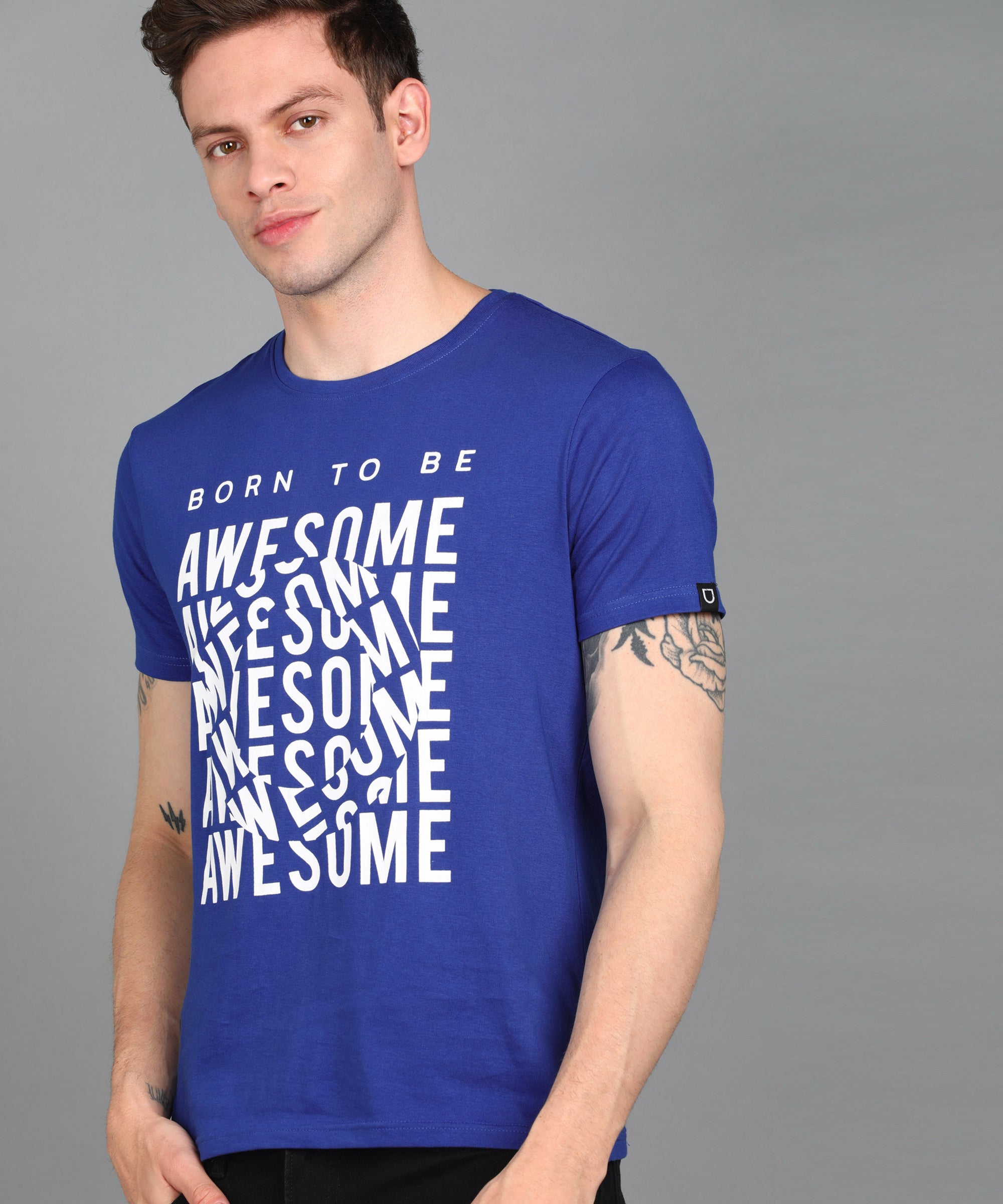Urbano Fashion Men's Royal Blue Graphic Printed Round Neck Half Sleeve Slim Fit Cotton T-Shirt