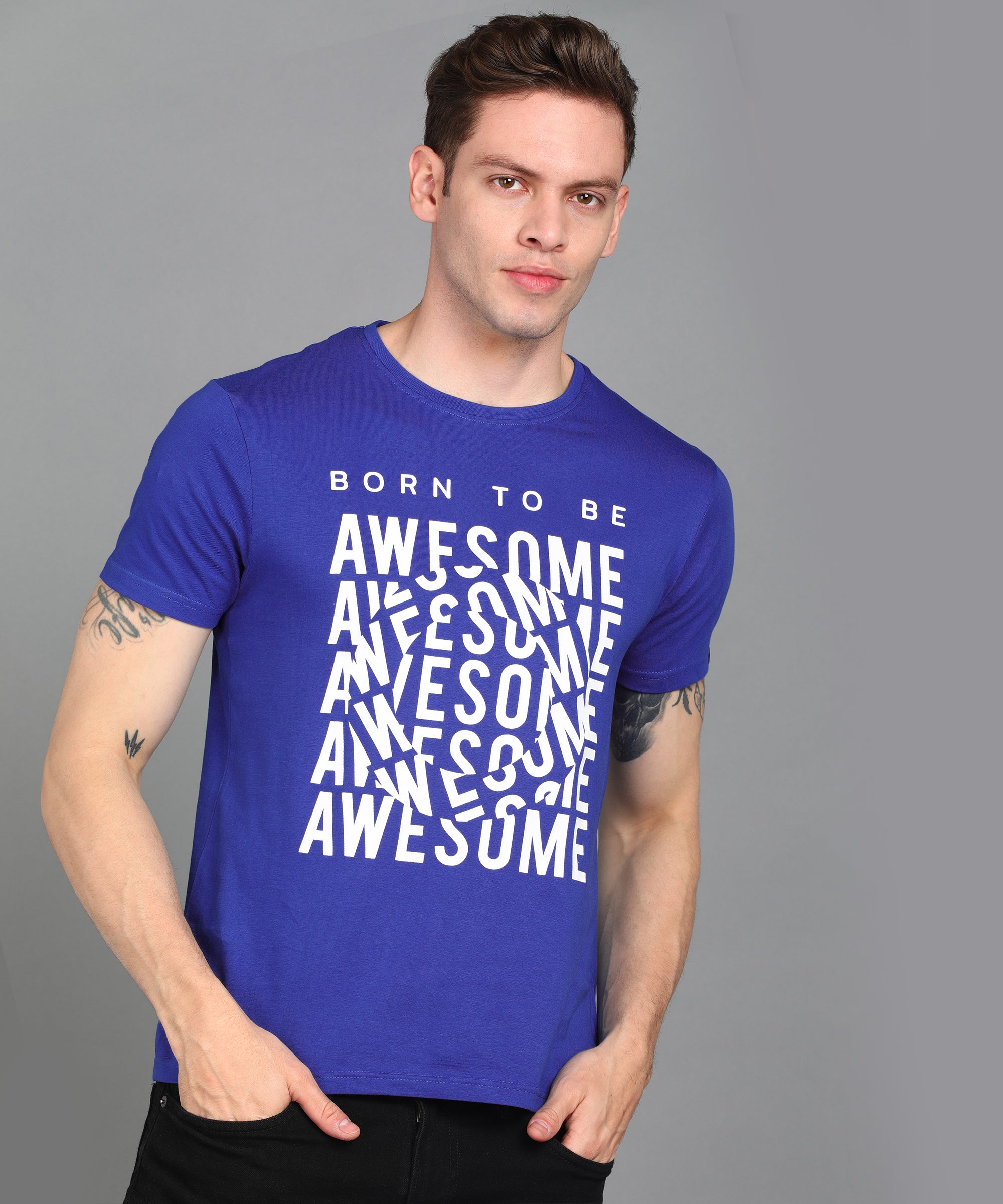Urbano Fashion Men's Royal Blue Graphic Printed Round Neck Half Sleeve Slim Fit Cotton T-Shirt