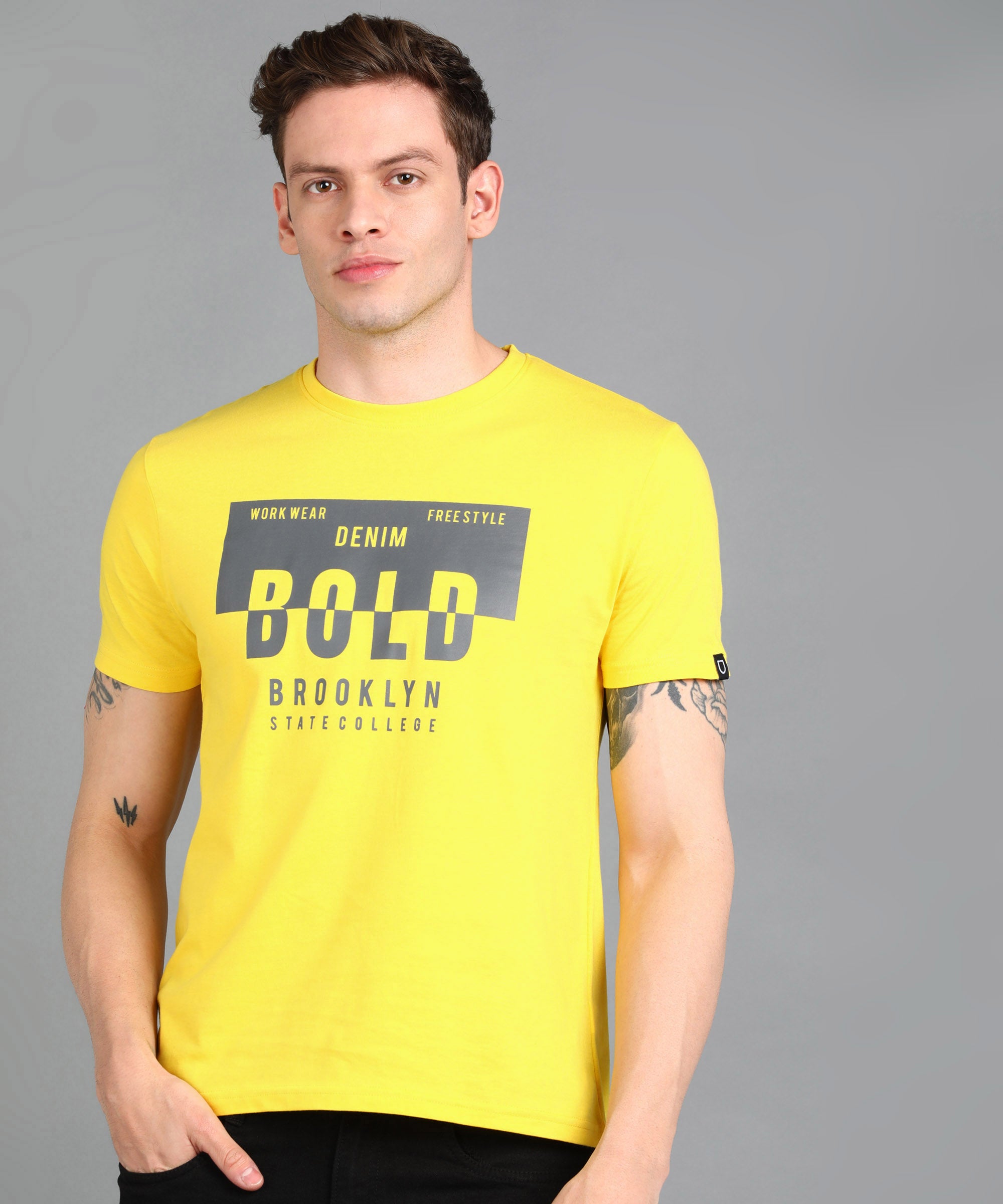 Urbano Fashion Men's Lime Yellow Graphic Printed Round Neck Half Sleeve Slim Fit Cotton T-Shirt