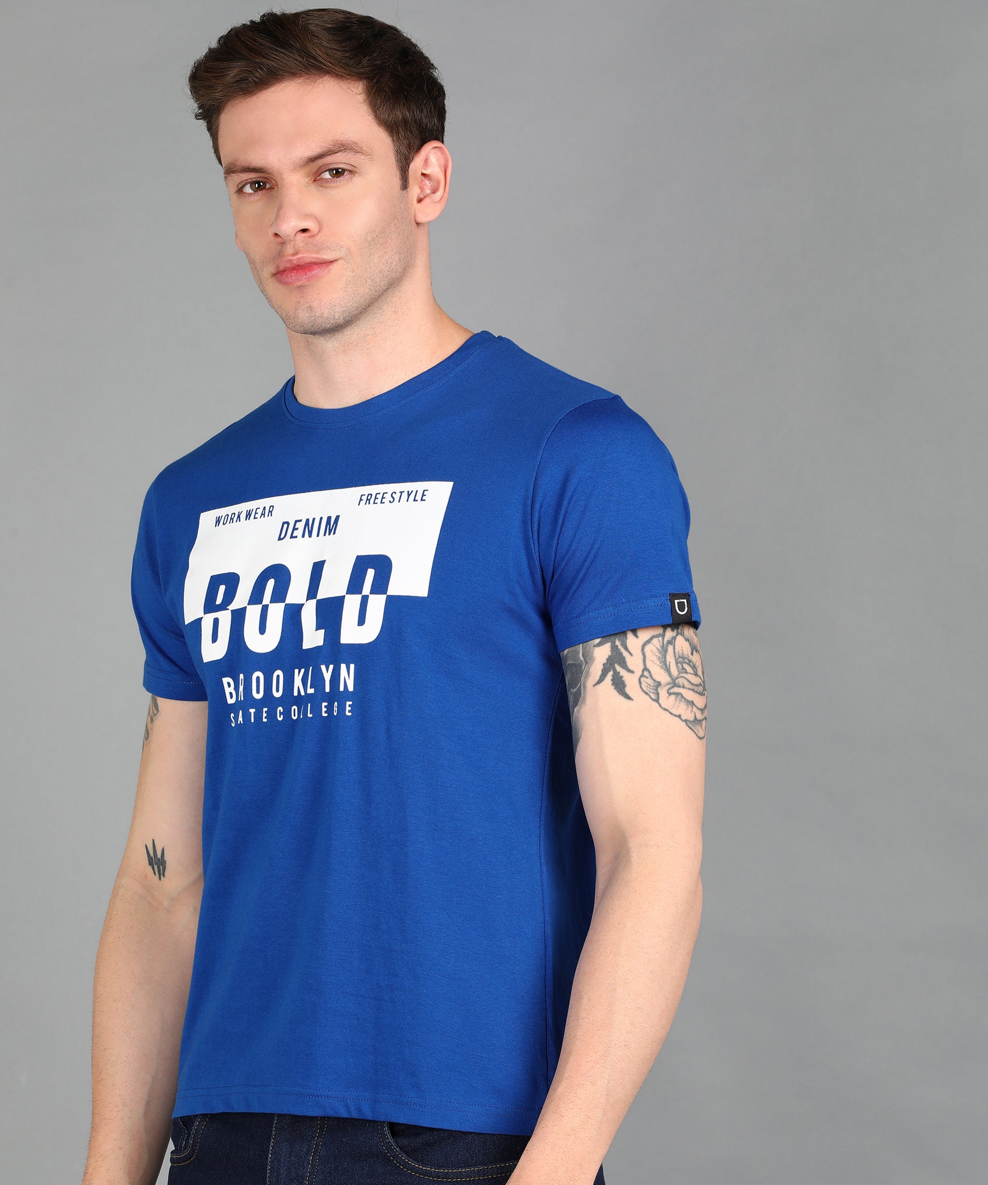 Urbano Fashion Men's Royal Blue Graphic Printed Round Neck Half Sleeve Slim Fit Cotton T-Shirt