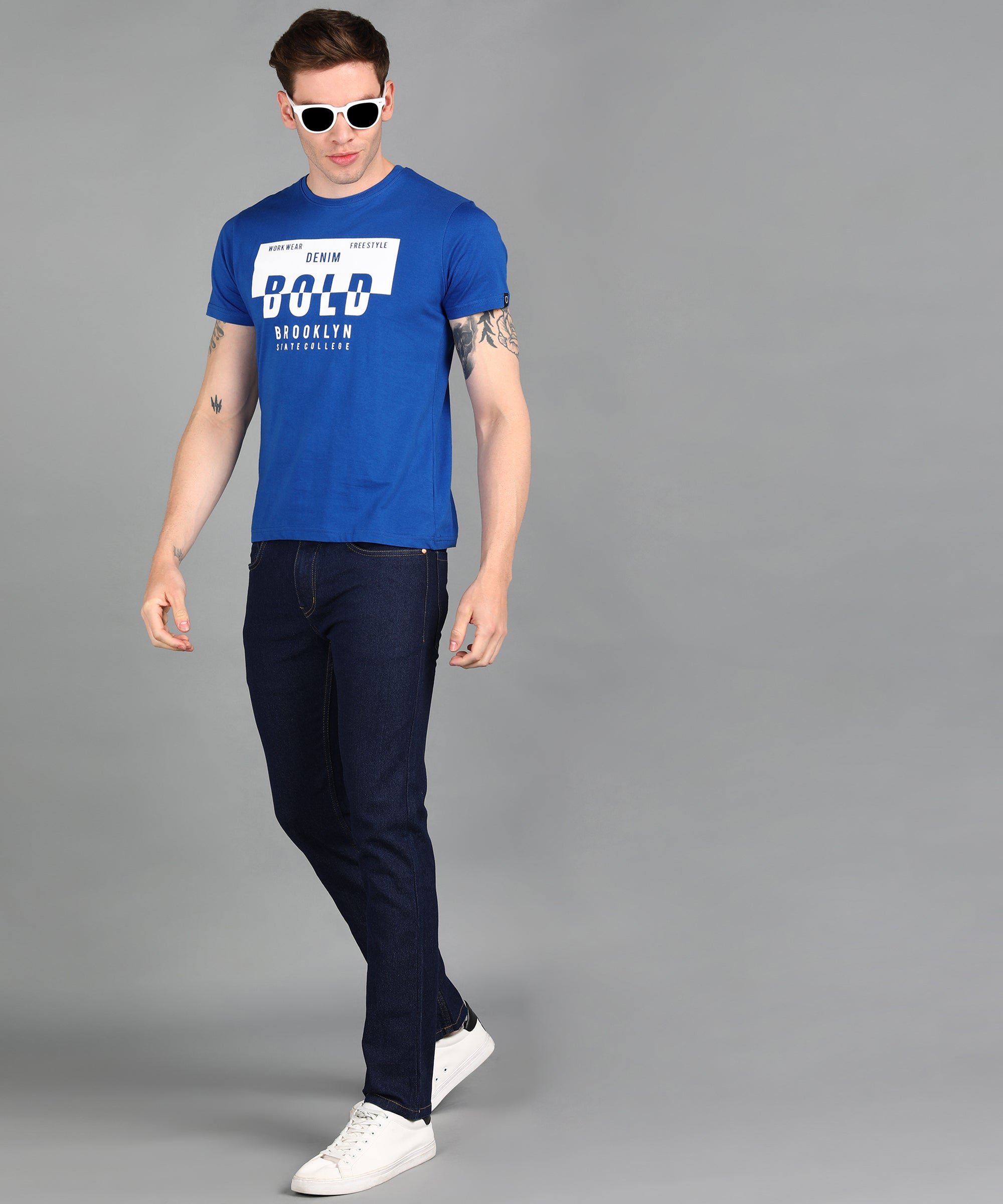 Urbano Fashion Men's Royal Blue Graphic Printed Round Neck Half Sleeve Slim Fit Cotton T-Shirt
