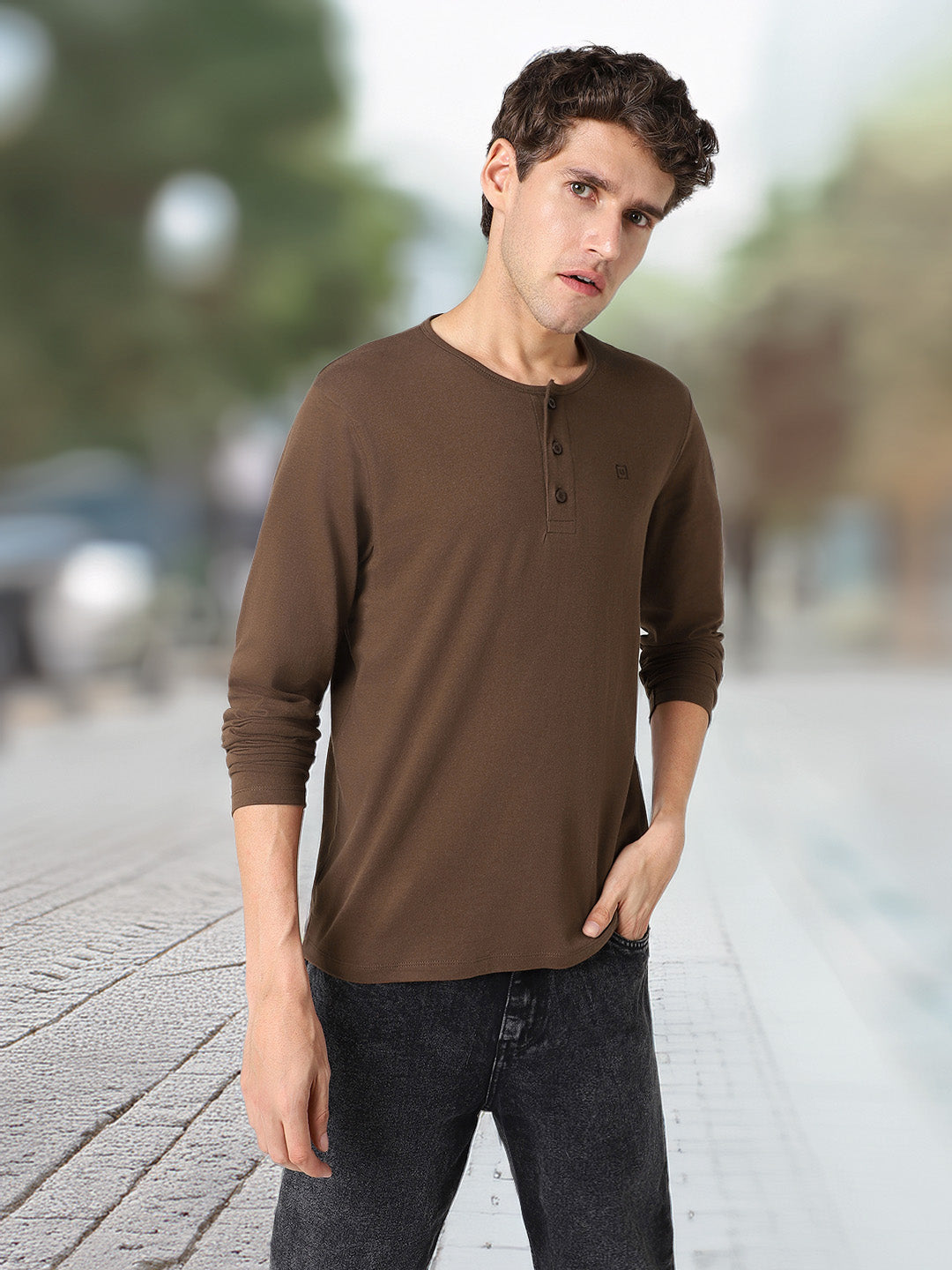 Men's Cocoa Brown Solid Henley Neck Slim Fit Full Sleeve Cotton T-Shirt