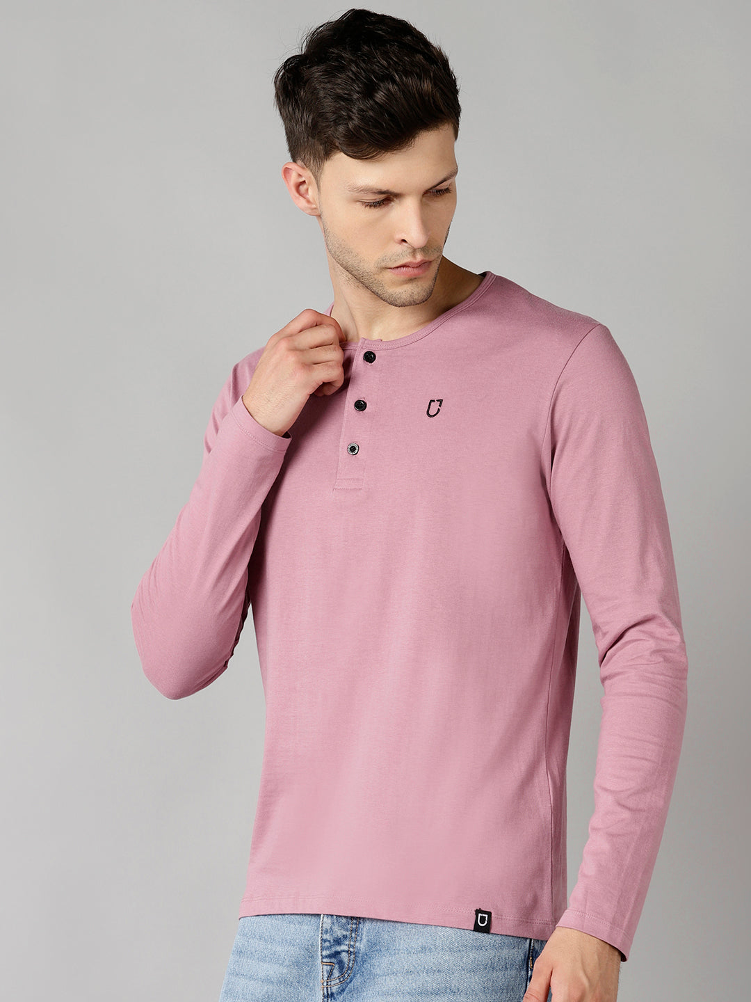 Men's Lilac Solid Henley Neck Slim Fit Full Sleeve Cotton T-Shirt