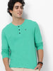 Men's Teal Green Solid Henley Neck Slim Fit Full Sleeve Cotton T-Shirt