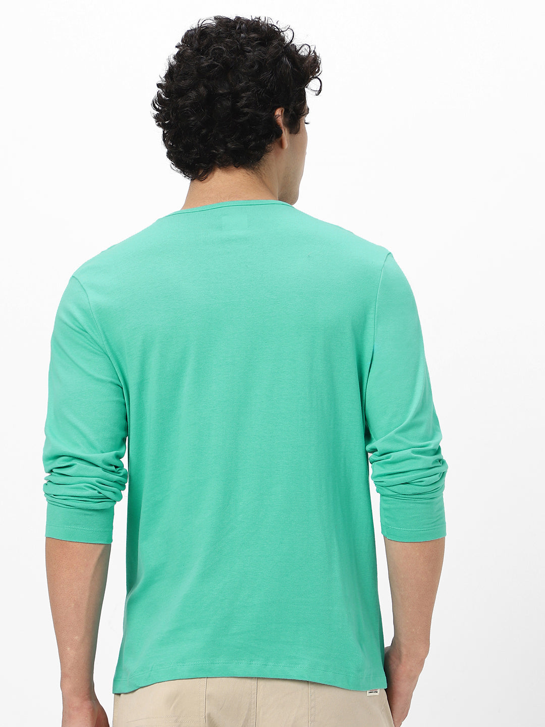 Men's Teal Green Solid Henley Neck Slim Fit Full Sleeve Cotton T-Shirt